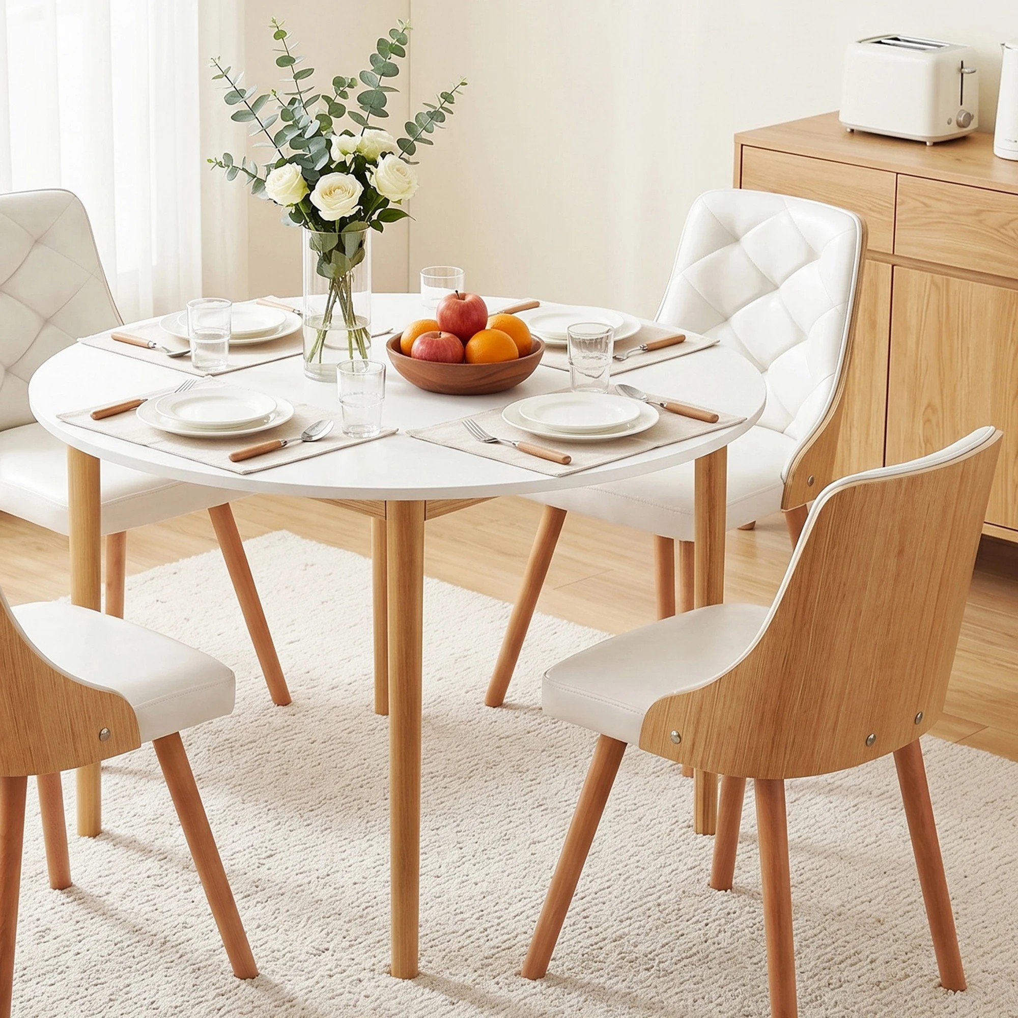 6 Artiss Dining Table and Chairs Set 5PCS Round 4 PU Leather Seater Dining Set - White, 6 of 8