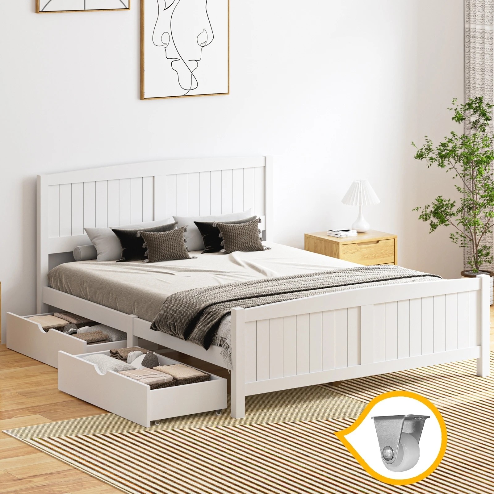 8 Oikiture Wooden Bed Frame Queen Size Base With Trundle Storage Drawers
 - White, 8 of 8