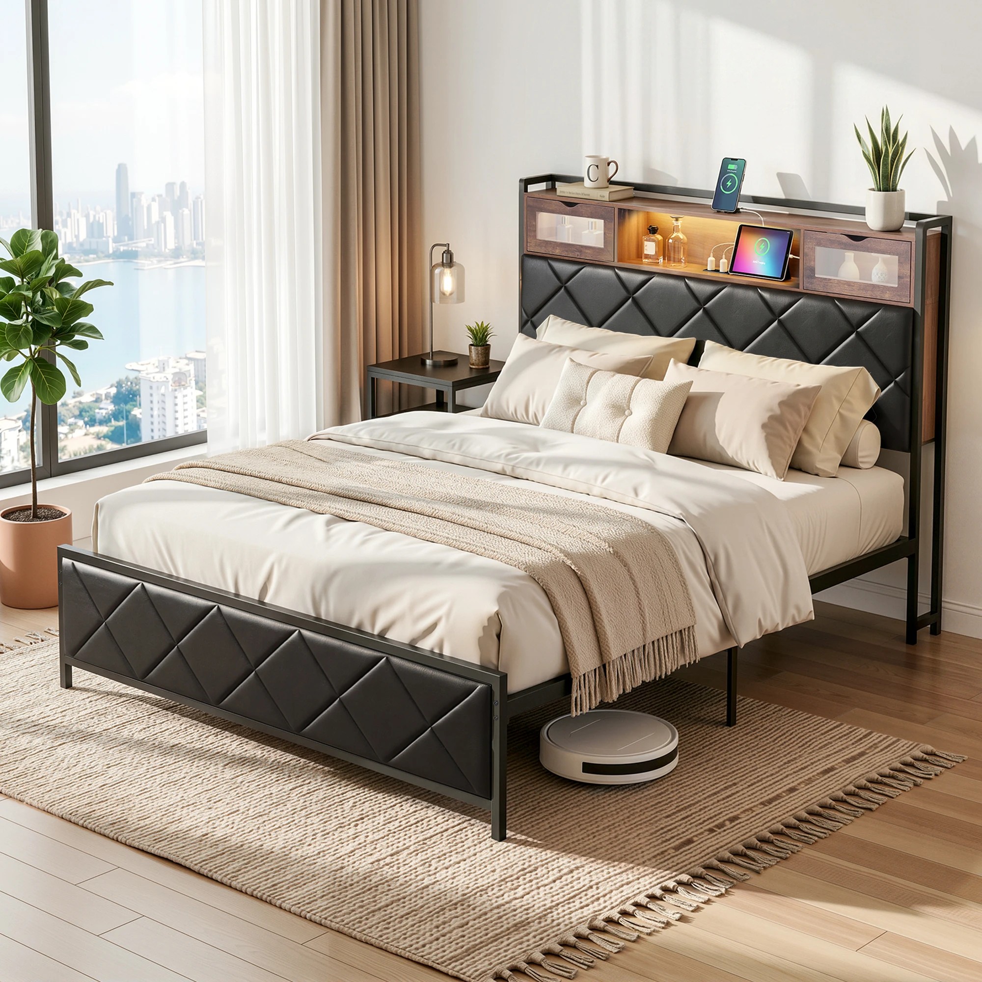 10 Artiss Double Bed Frame with LED Lights Storage Headboard 2 USB 2 AC Outlets Charging Station - Black, 10 of 10