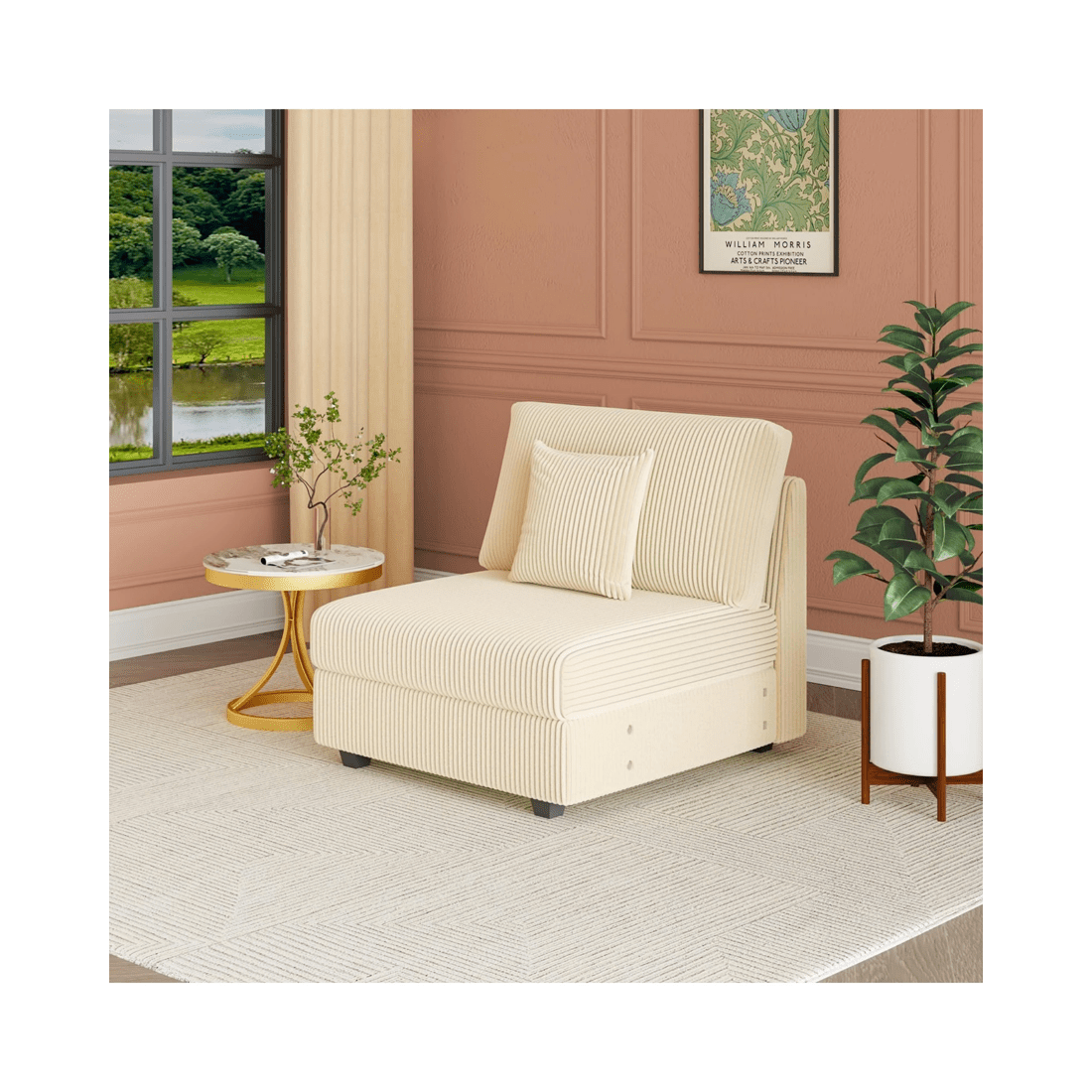 7 Advwin Armless Chair Corduroy Single Sofa Lounge Upholstered Couch W/ Cushion Beige, 7 of 8