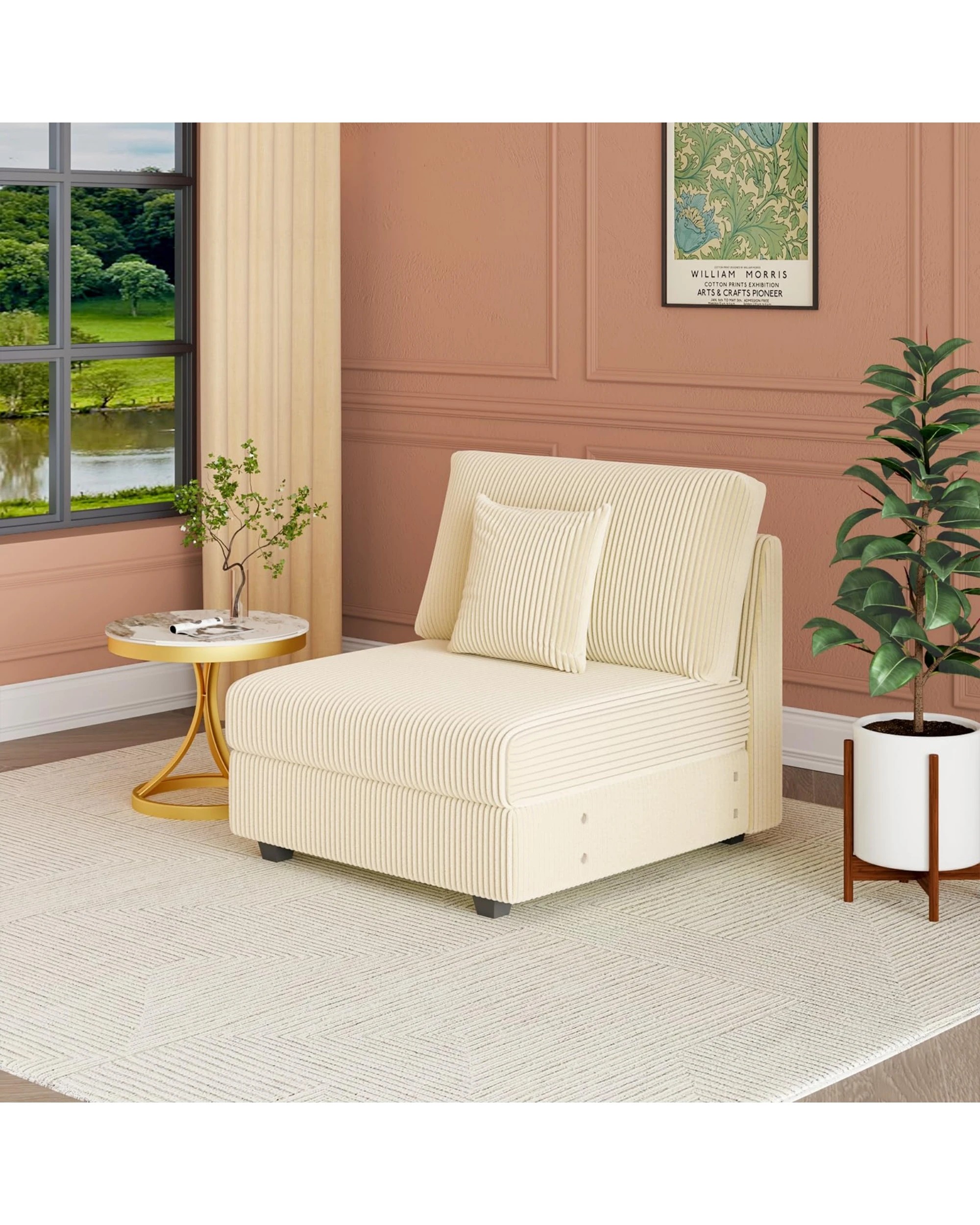 7 Advwin Armless Chair Corduroy Single Sofa Lounge Upholstered Couch W/ Cushion Beige, 7 of 8