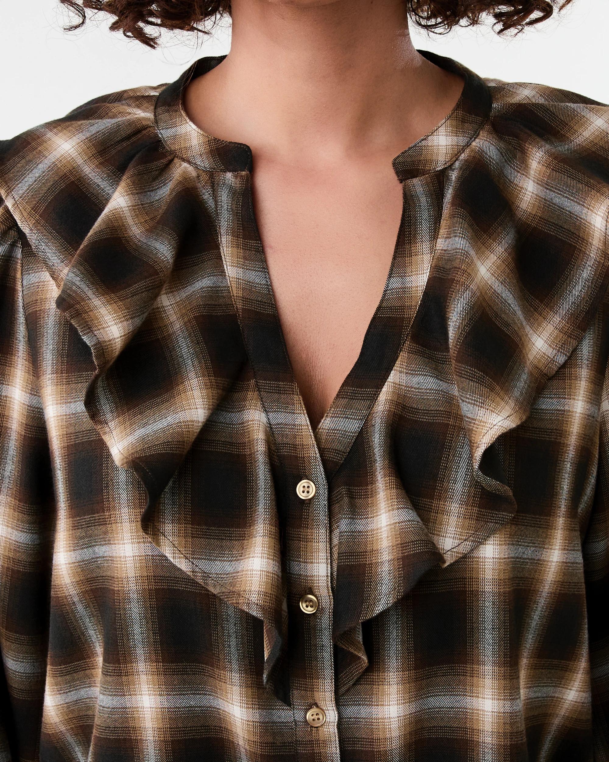 5 Long Sleeve Frill Button Through Top Brwn Check, 5 of 7