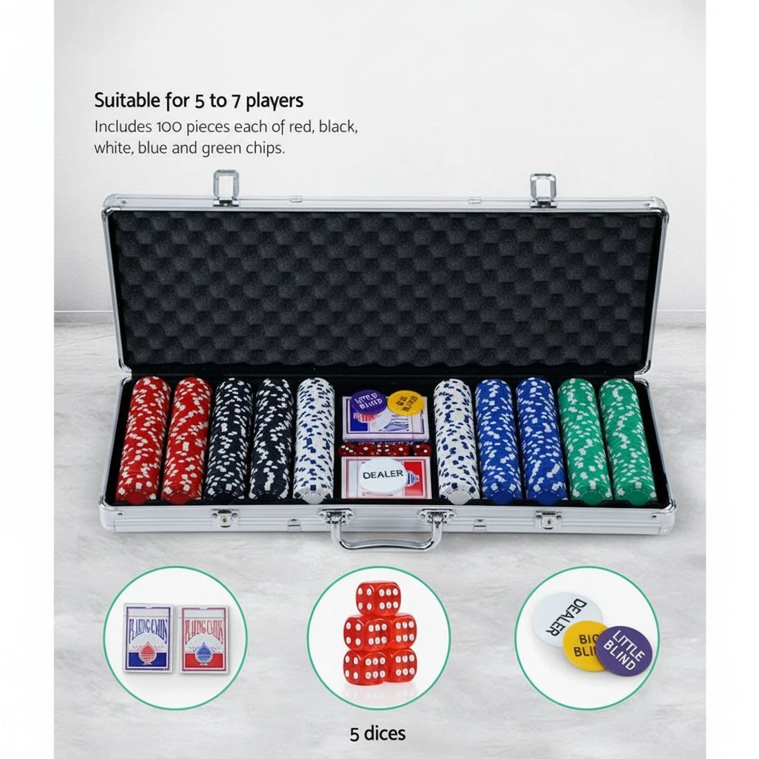 5 500pcs Poker Chips Set Casino Texas Hold'em Party Game Dice Cards - Silver, 5 of 5