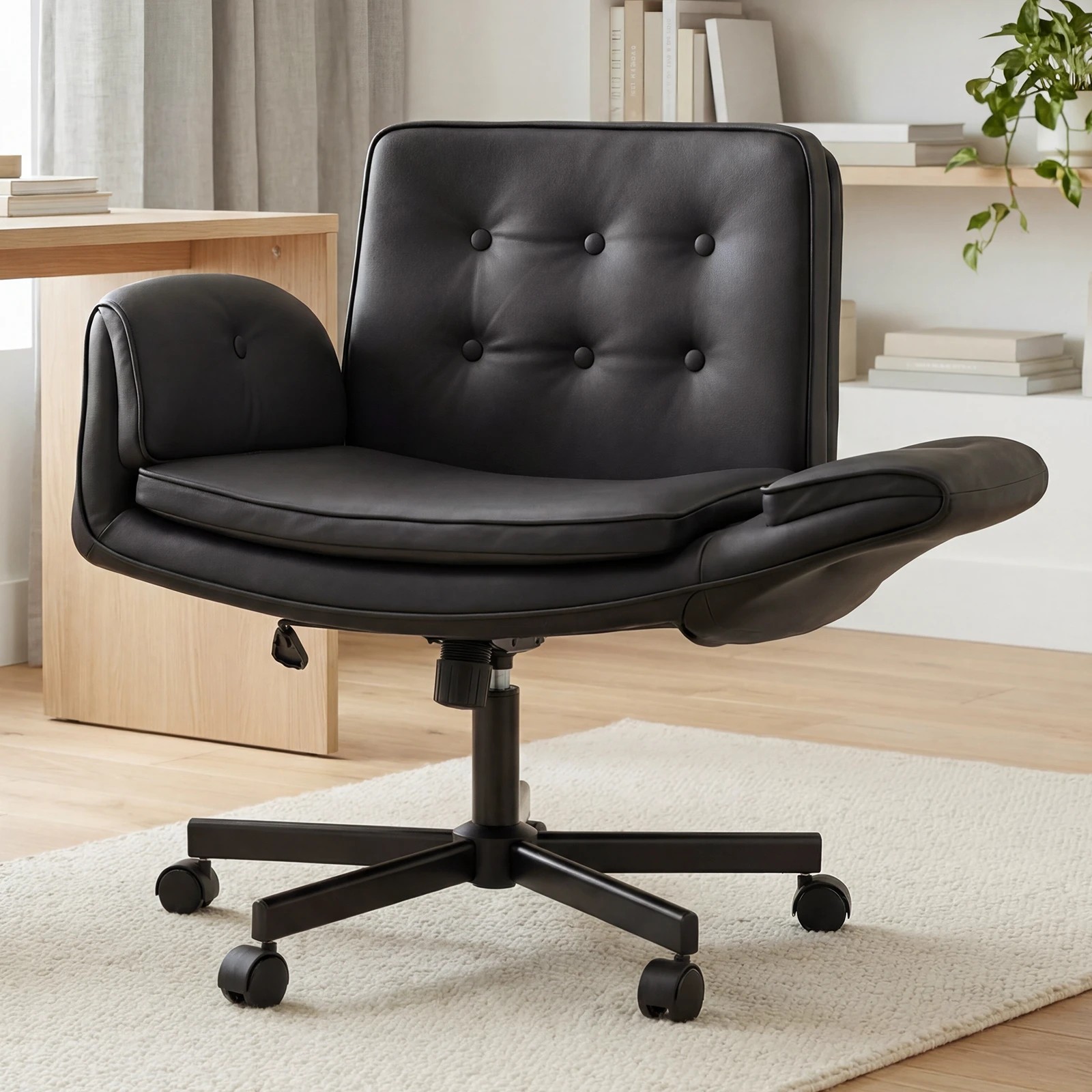 1 Advwin  Criss Cross Legged  Office Chair with Wheels & Adjustable Armrests PU Desk Chair- Black, 1 of 7