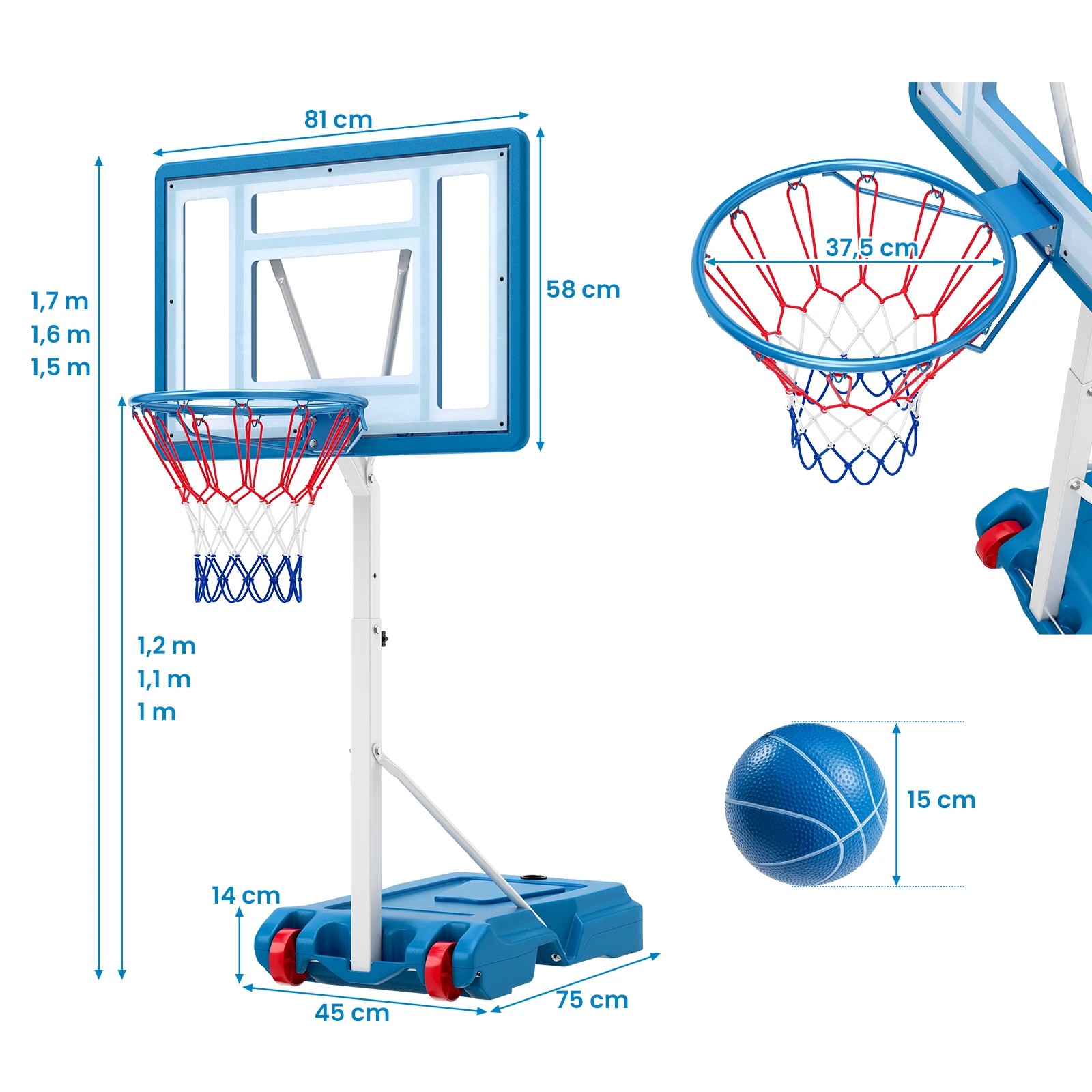 3 Costway Pool Basketball Hoop System Stand w/81cm Shatterproof Backboard & 1-1.2m Adjustable Height, 3 of 3