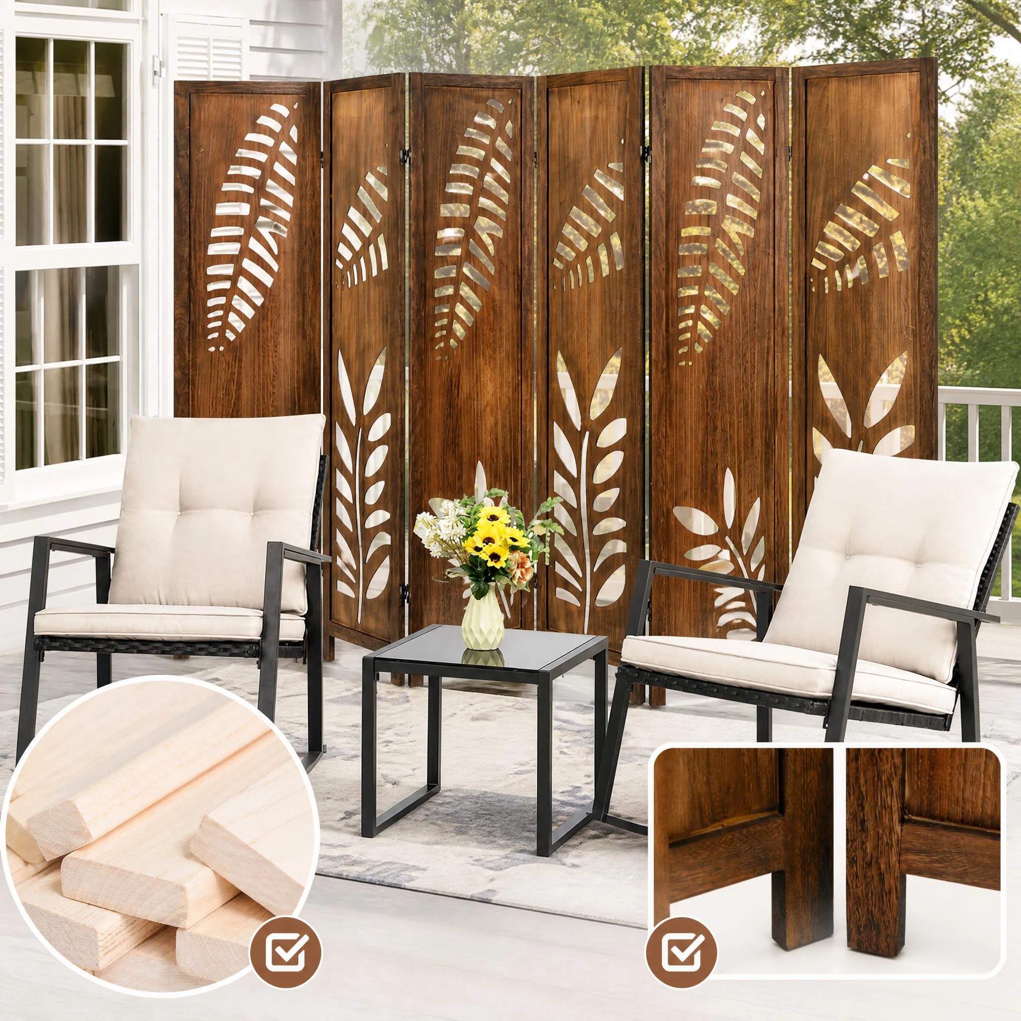 6 Costway 4-Panel Partition Room Divider w/Carved Leaf Pattern Folding Screen Privacy Stand, 6 of 6