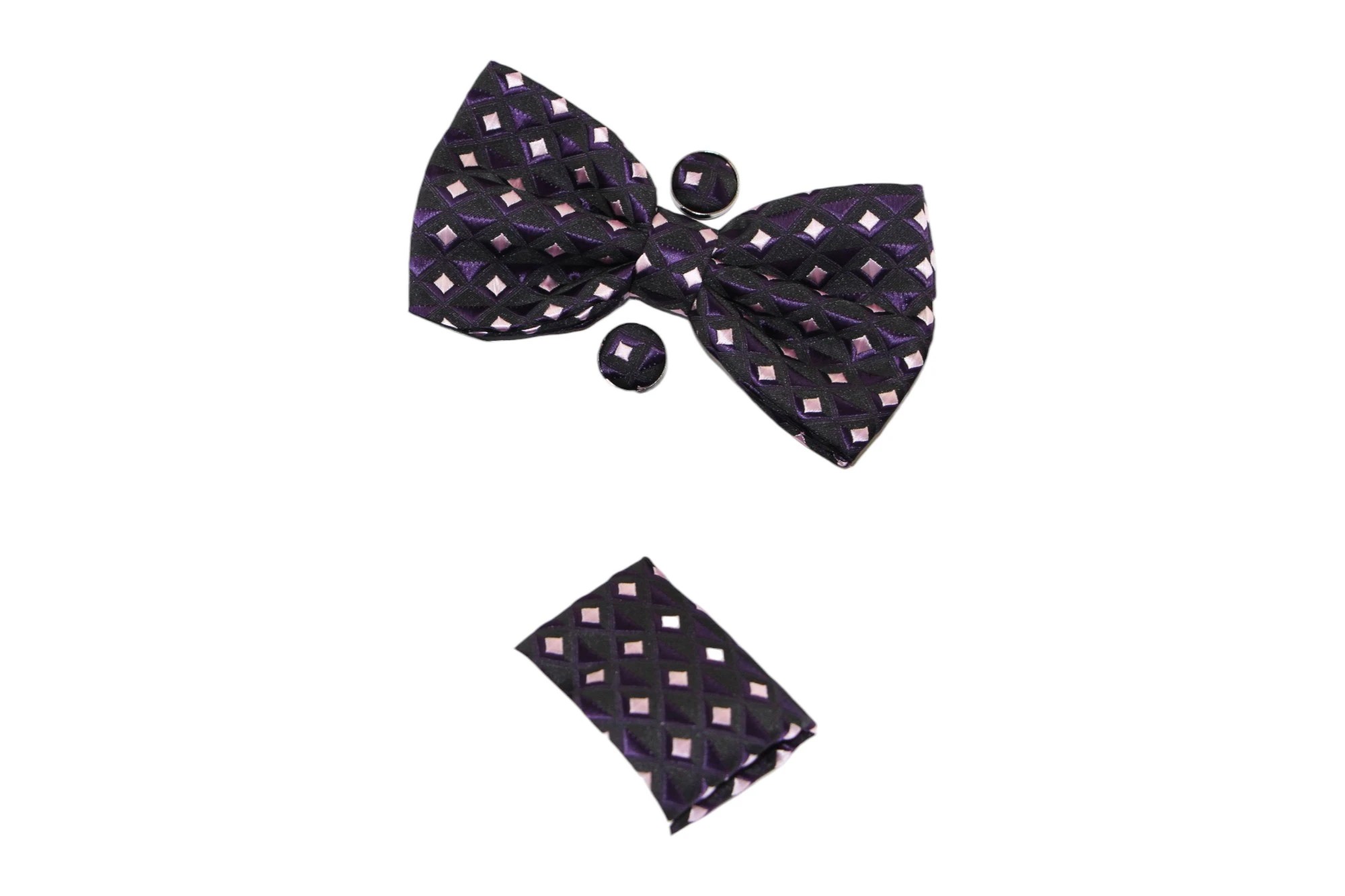 1 Zasel Mens Dark Purple Diamond Matching Bow Tie, Pocket Square & Cuff Links Set - Multi - Multi, 1 of 1