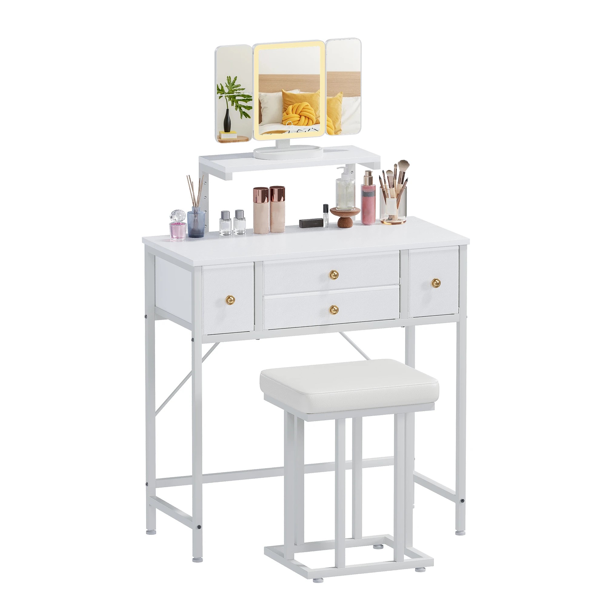 1 Advwin Dressing Table with LED Mirror 4-Drawer Height-Adjustable Stand - White, 1 of 7