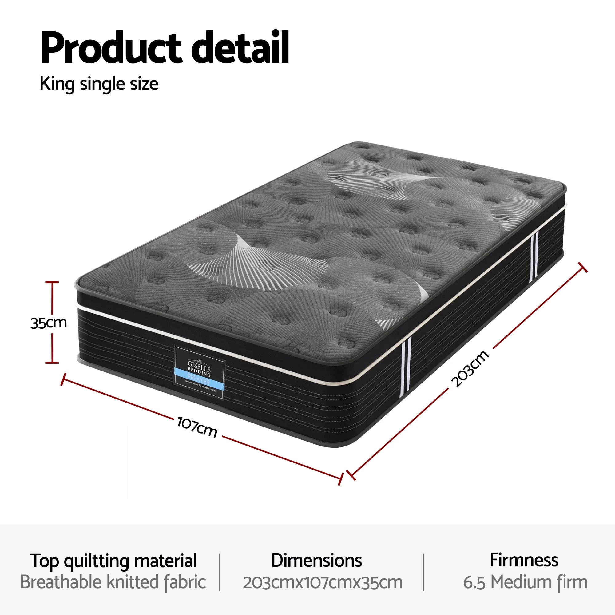 2 Giselle Bedding King Single Mattress 35cm Euro Top with Graphene Cooling Comfort Medium Firm - King Single Bed - Multi, 2 of 3