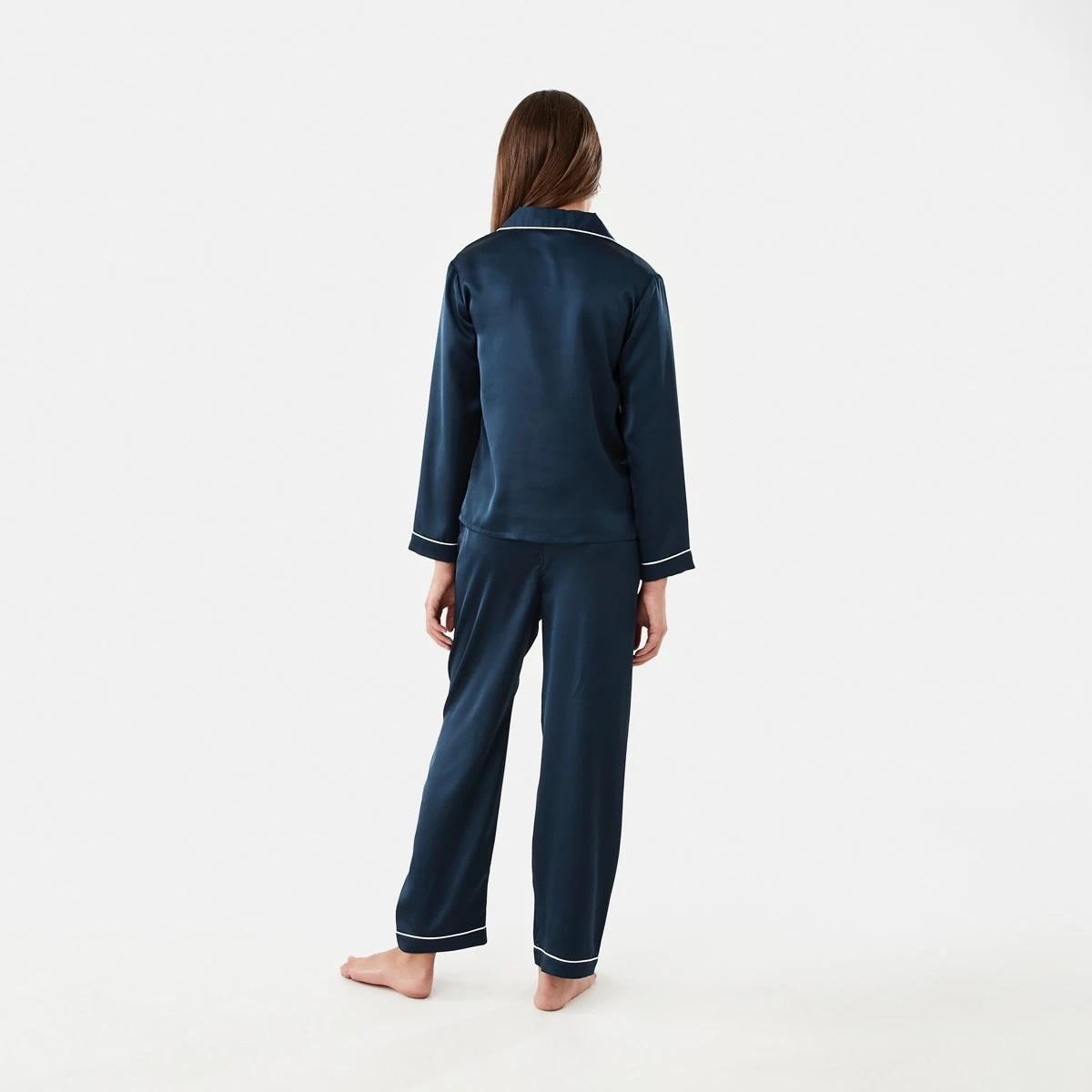 2 Long Sleeve Satin Pyjama Set Dress Navy, 2 of 10