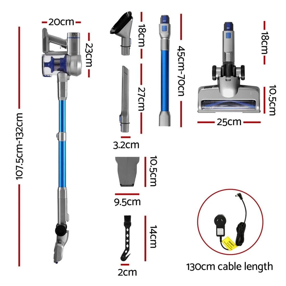 2 Devanti 300W Stick Vacuum Cleaner Cordless Self-Standing - Blue, 2 of 7