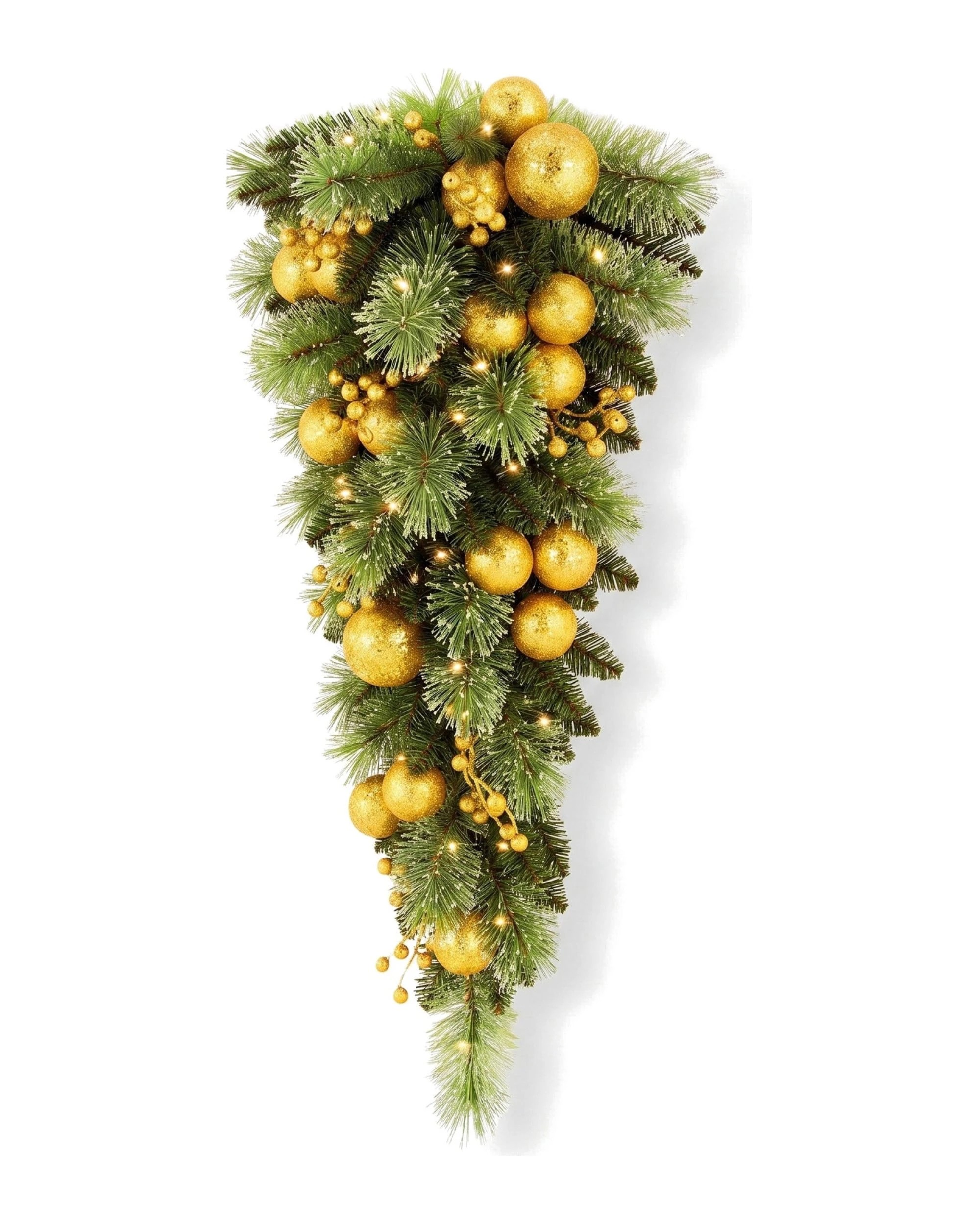 4 Christabelle 90cm Gold Christmas Teardrop Wreath Pre Lit Warm White LED Timer Baubles Berries Front Door Xmas Decoration, 4 of 10