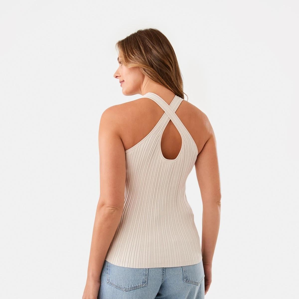 4 Sleeveless True Knit Cross Back Halter Top Nat Beige, 4 of 7