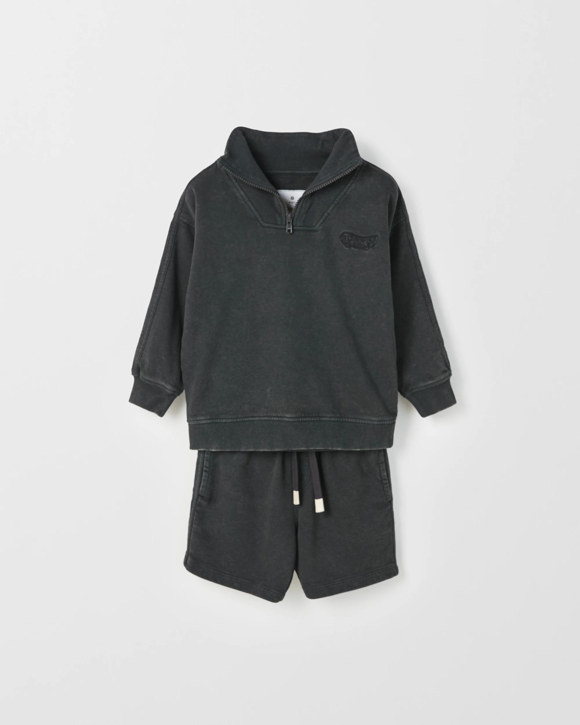 1 Target Kids Australian Cotton 1/4 Zip Jumper & Shorts 2 Piece Set WASHED BLACK, 1 of 3