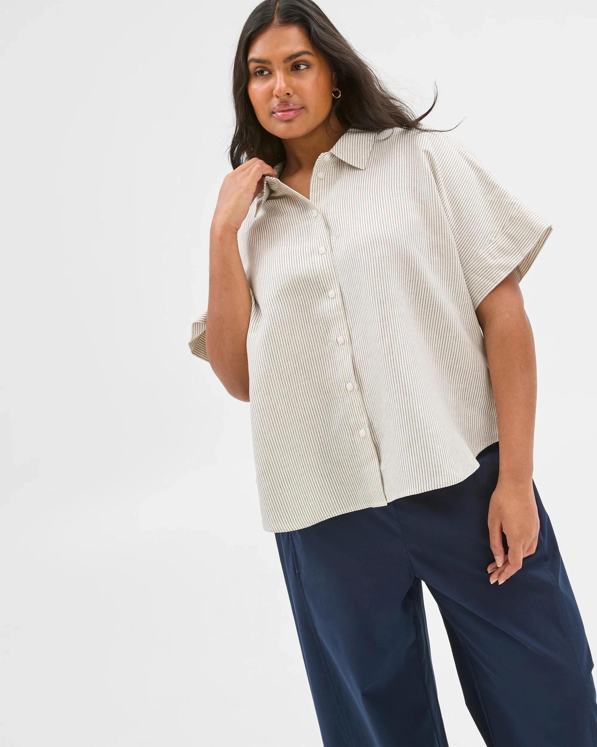 1 Target Plus Size European Linen Blend Boxy Shirt BRUNETTE/WHITE STRIPE, 1 of 6