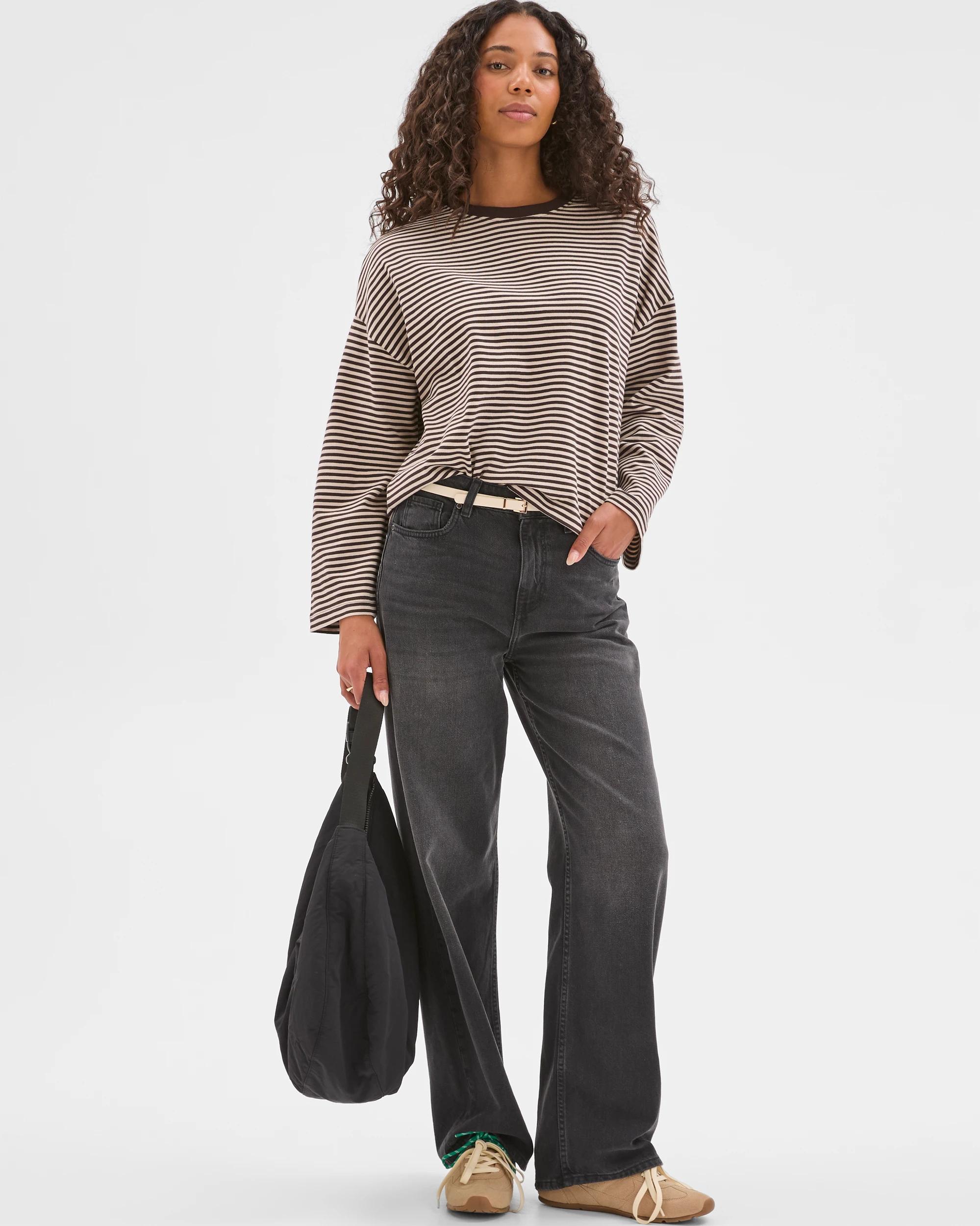 1 Target Woman Australian Cotton Long Sleeve Heavyweight Oversized T-Shirt BRUNETTE/BIRCH STRIPE, 1 of 7