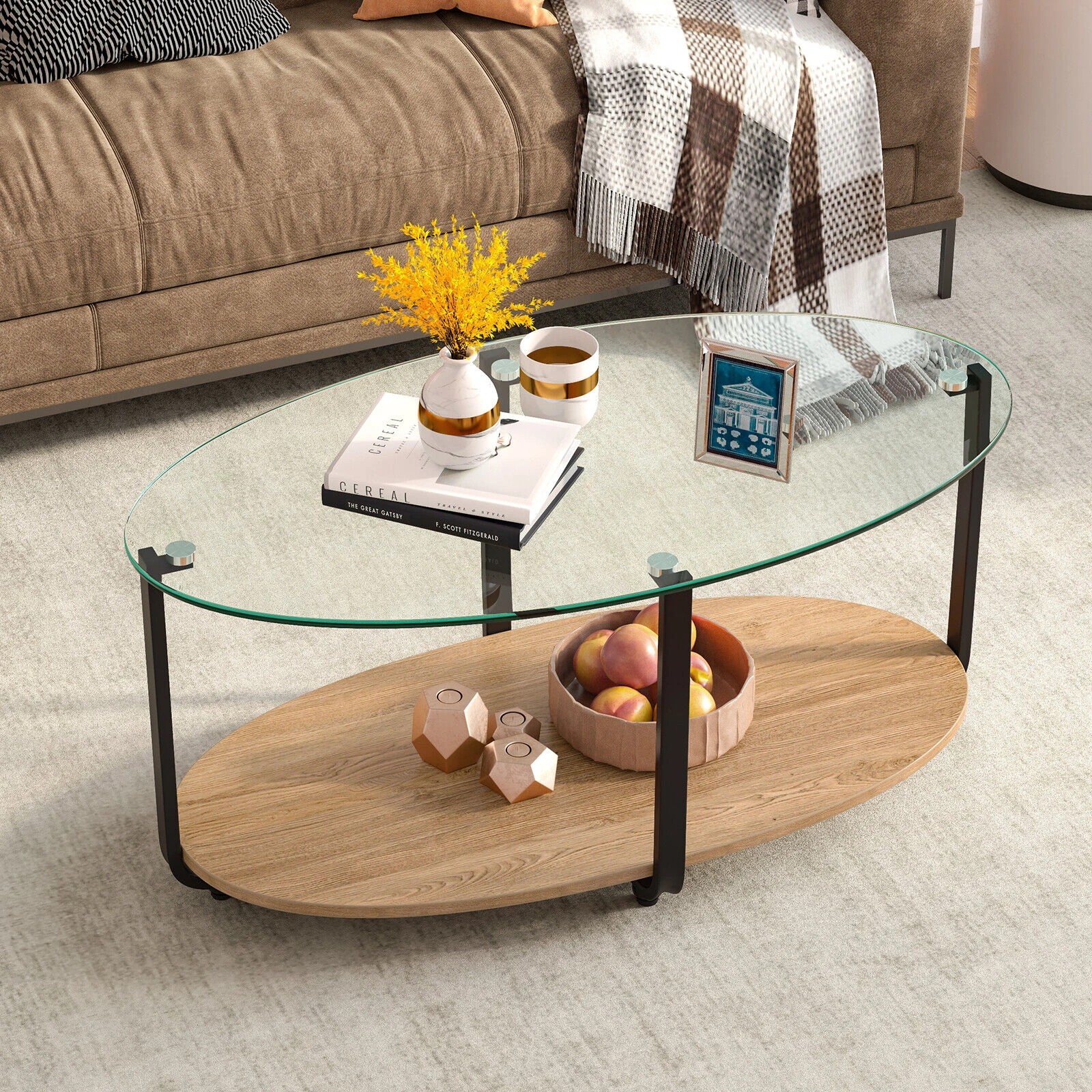 2 Costway 2-Tier Oval Coffee Side Table Glass Tabletop Home Office, 2 of 5