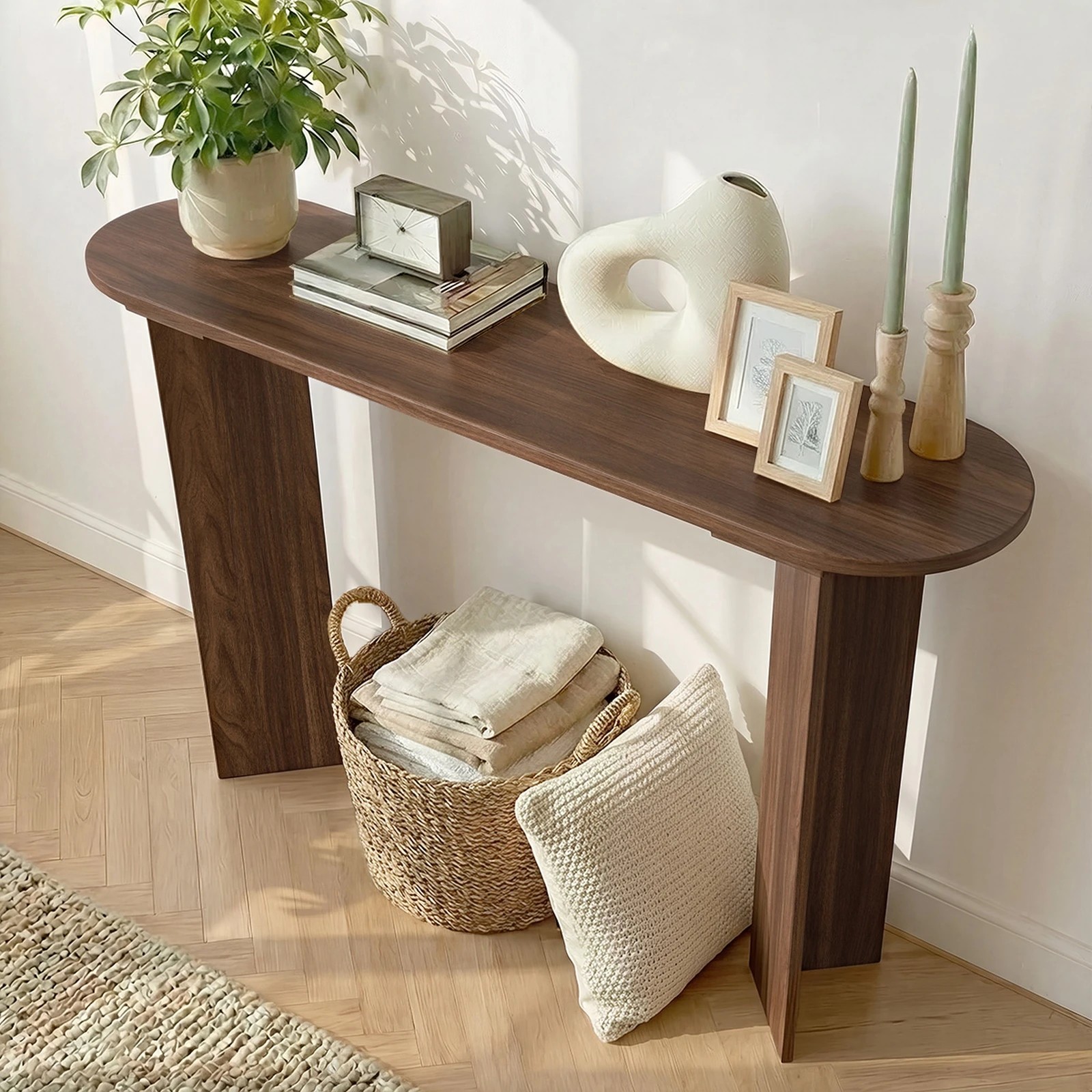 5 Oikiture Console Table Oval Entryway Storage Hallway Sofa Side Desk - Brown, 5 of 8