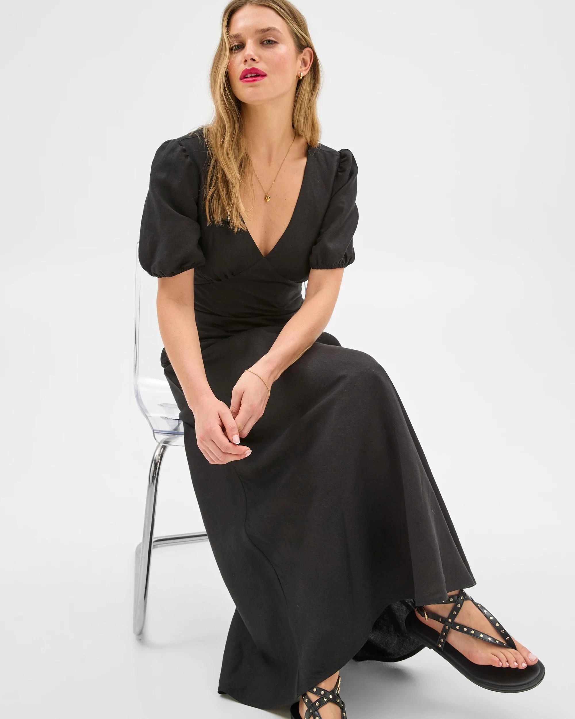 3 European Linen Blend Puff Sleeve Midi Dress - Lily Loves BLACK, 3 of 6