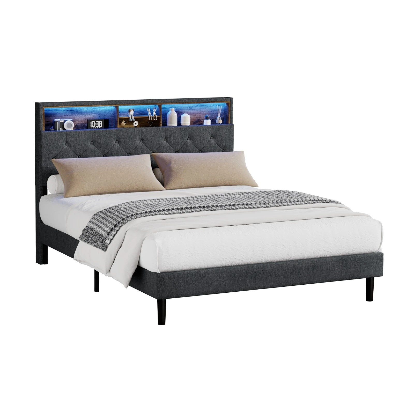 1 Oikiture Queen Bed With Led Storage Bedhead Bed Frame
 - Grey, 1 of 10