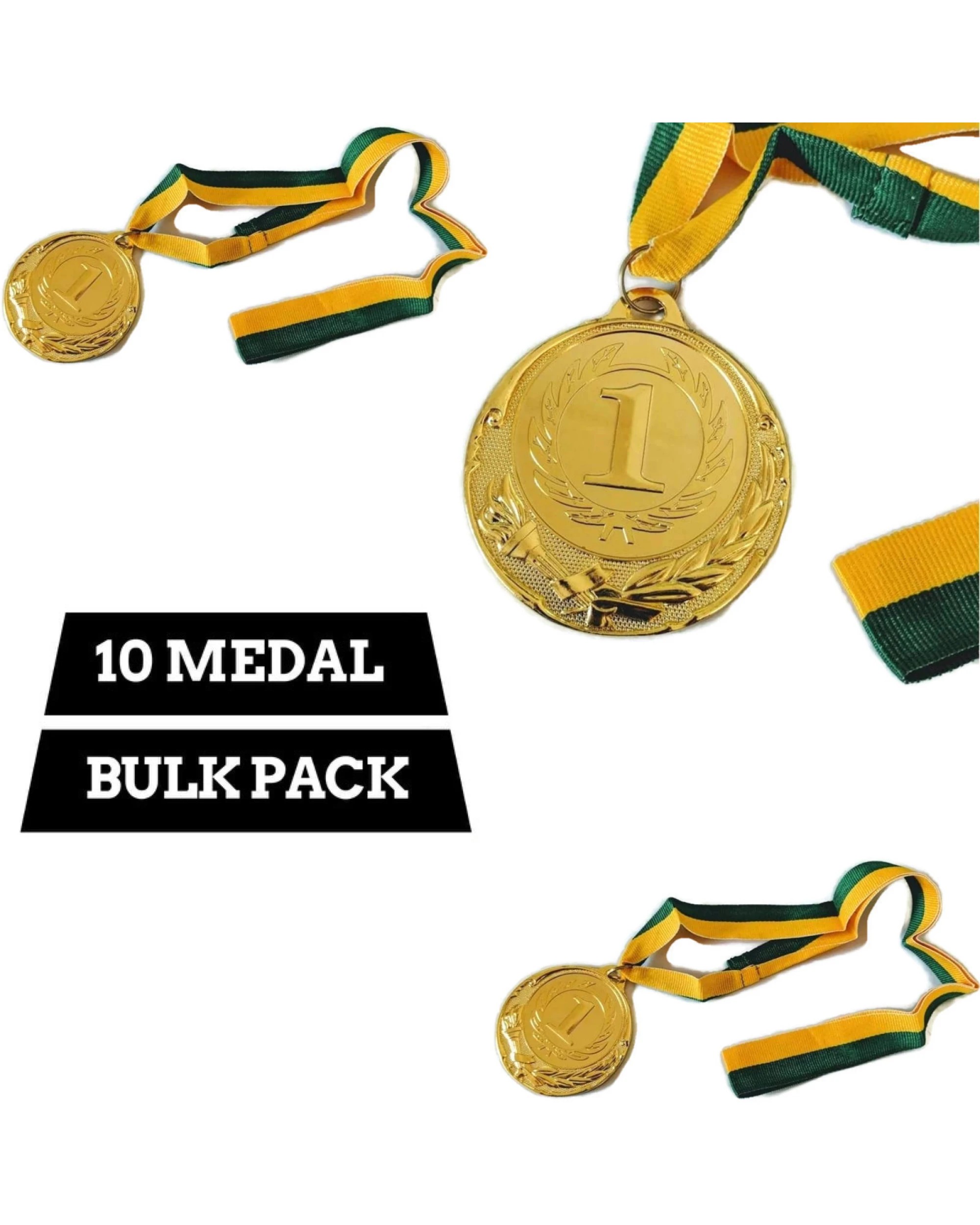 2 Br Costumes 10x Metal Winner Gold Medal 1st Party Favours Sports Day 40cm Ribbon Bulk, 2 of 4