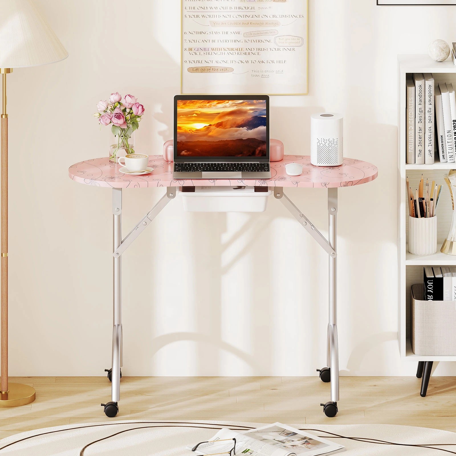 5 Costway Foldable Manicure Table w/Wheels Professional Nail Technician Desk - Pink, 5 of 5
