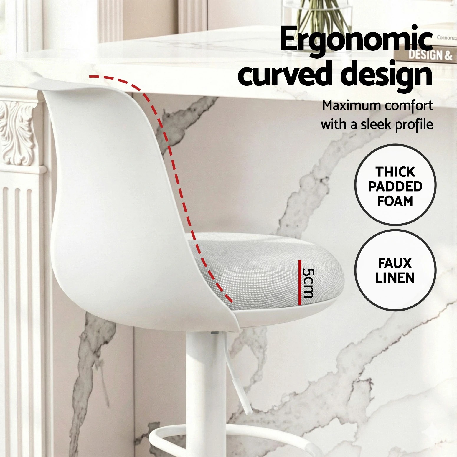 3 Artiss 2x Bar Stools Kitchen Swivel Gas Lift Counter Dining Chair Curved - White, 3 of 7