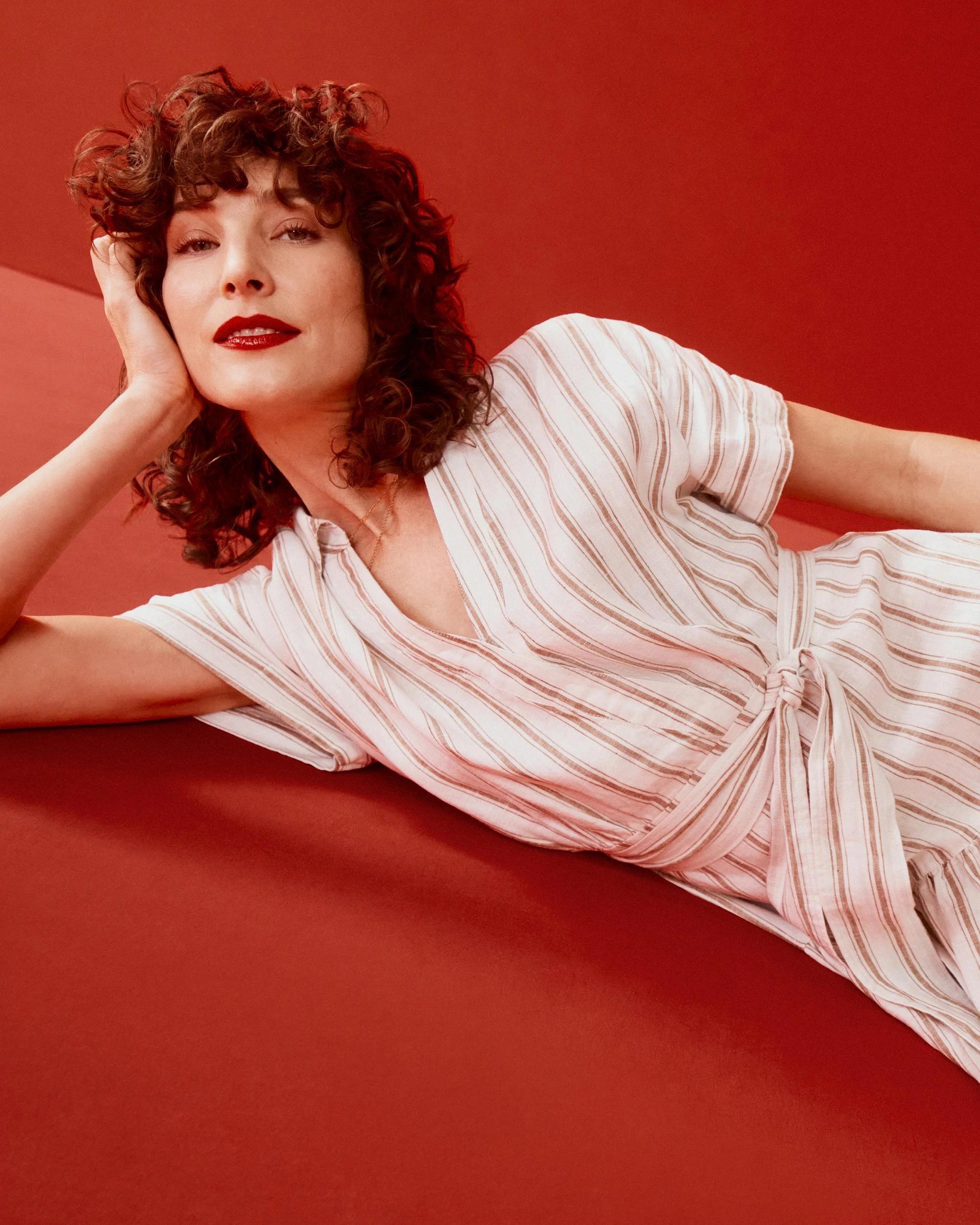 8 Target Woman European Linen Tiered Wrap Midi Dress GINGERBREAD/STRIPE, 8 of 9