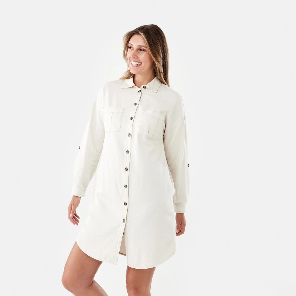 2 Long Sleeve Shift Shirt Mini Dress Bge Cream, 2 of 9