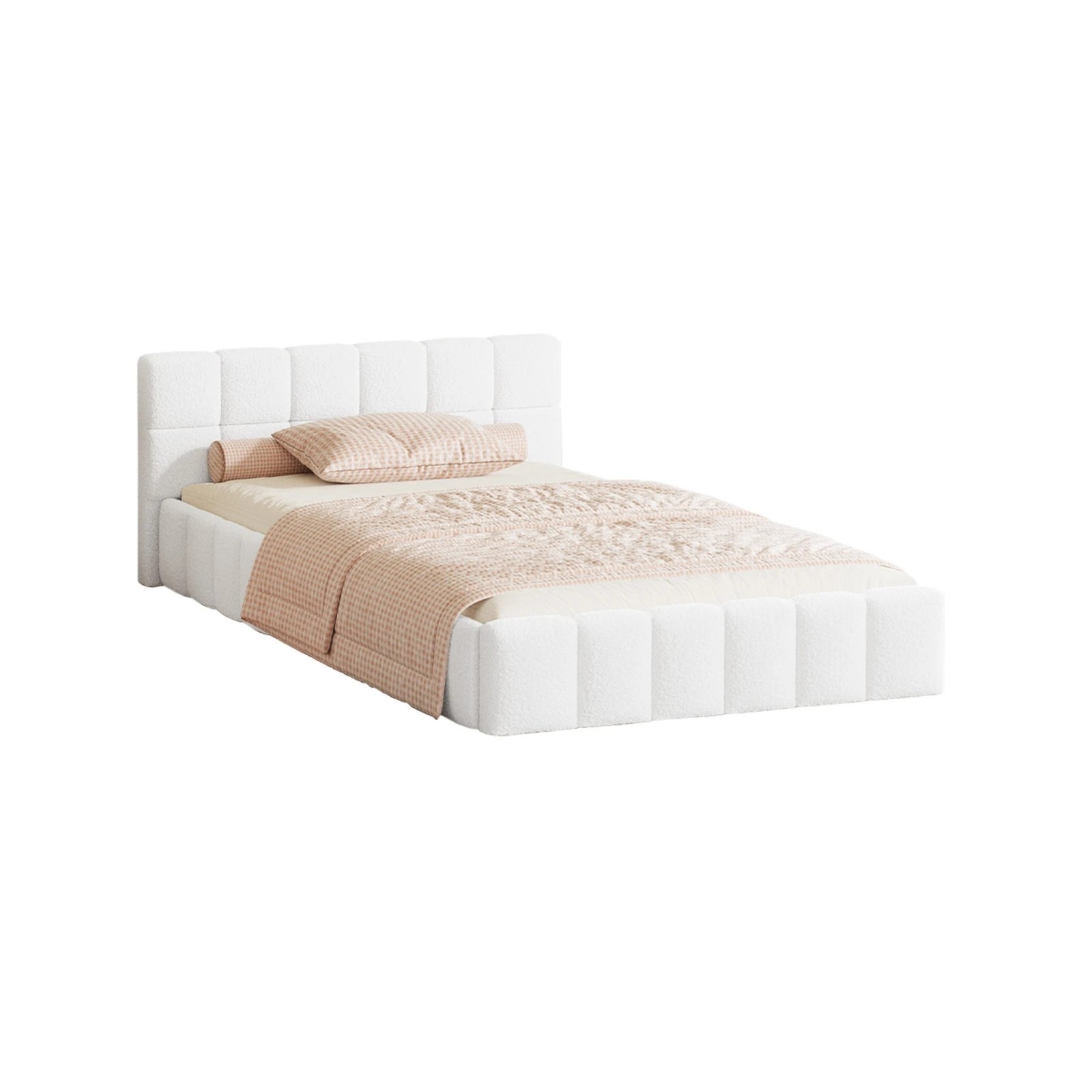 1 Oikiture Bed Frame King Single Size Tufted Headboard Boucle - White, 1 of 7