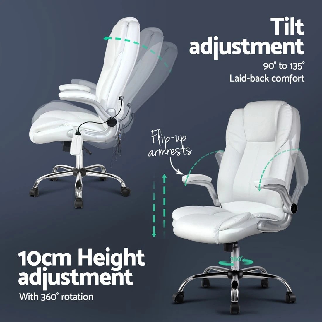 4 Artiss 8 Point Massage Office Chair PU Leather - White, 4 of 6