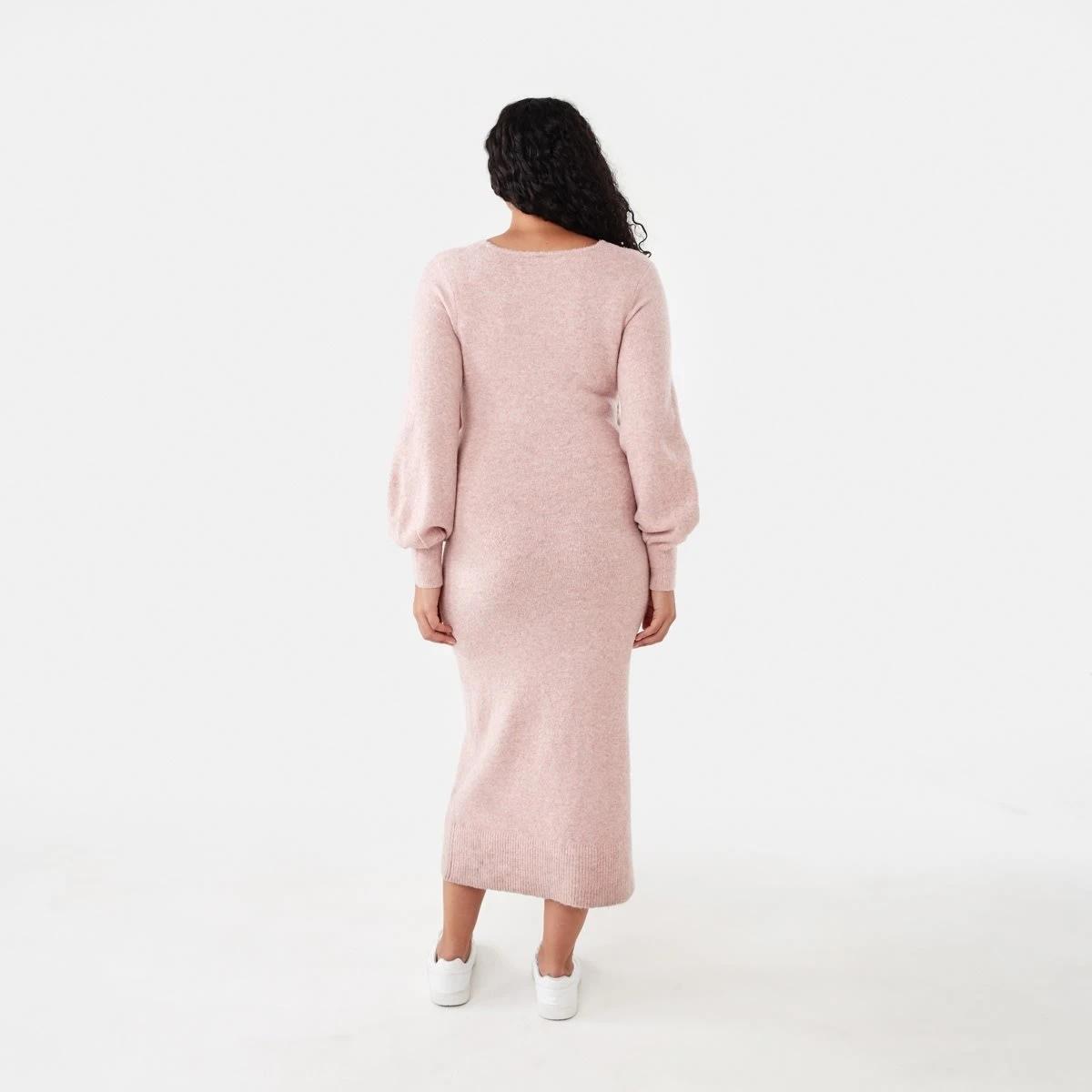 3 Long Sleeve Wrap Front Knit Midi Dress Rose Marl, 3 of 6