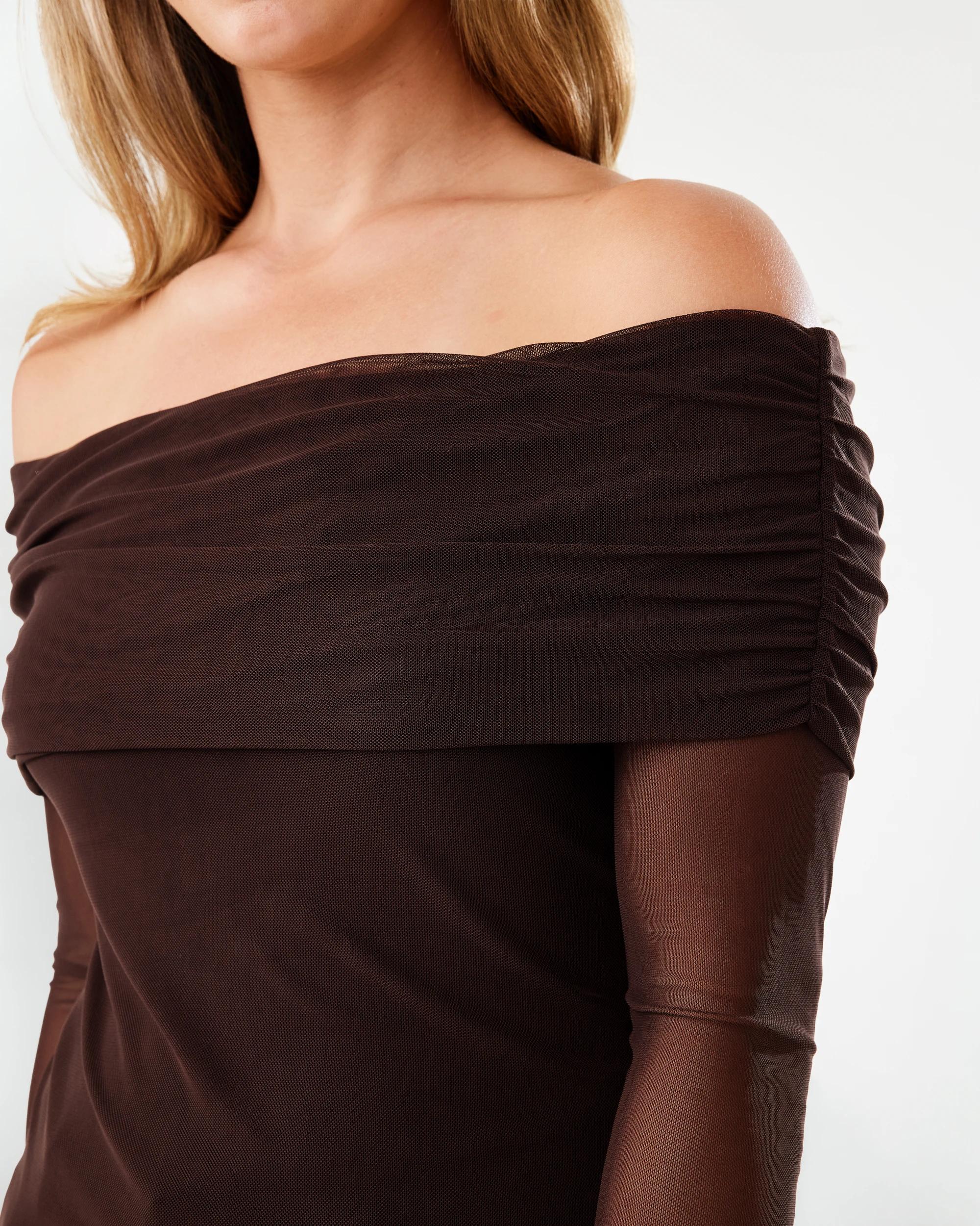 6 Long Sleeve Mesh Off Shoulder Top Melt Brown, 6 of 7