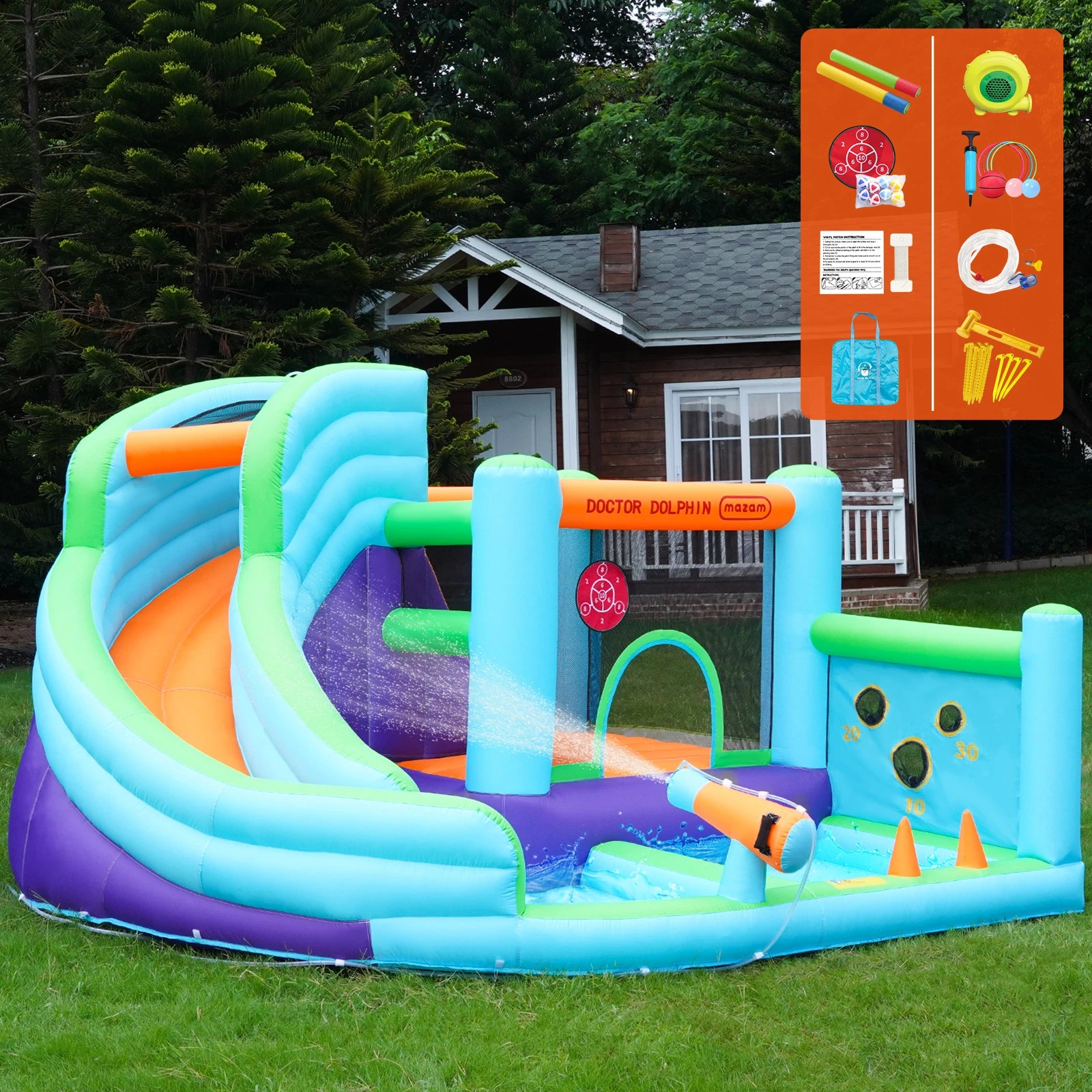 2 Doctor Dolphin 10-in-1 Inflatable Water Park Jumping Castle Bounce Pool Blower
 - Multi, 2 of 9