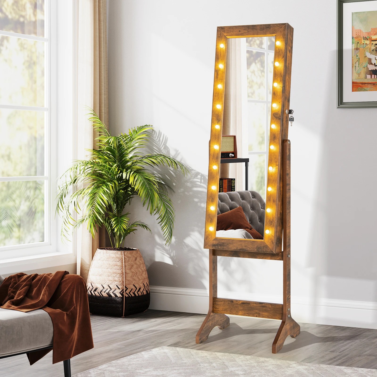 3 Costway LED Mirror Jewelry Cabinet 4 Tilt Angles Standing Jewelry Armoire Organiser - Brown, 3 of 4
