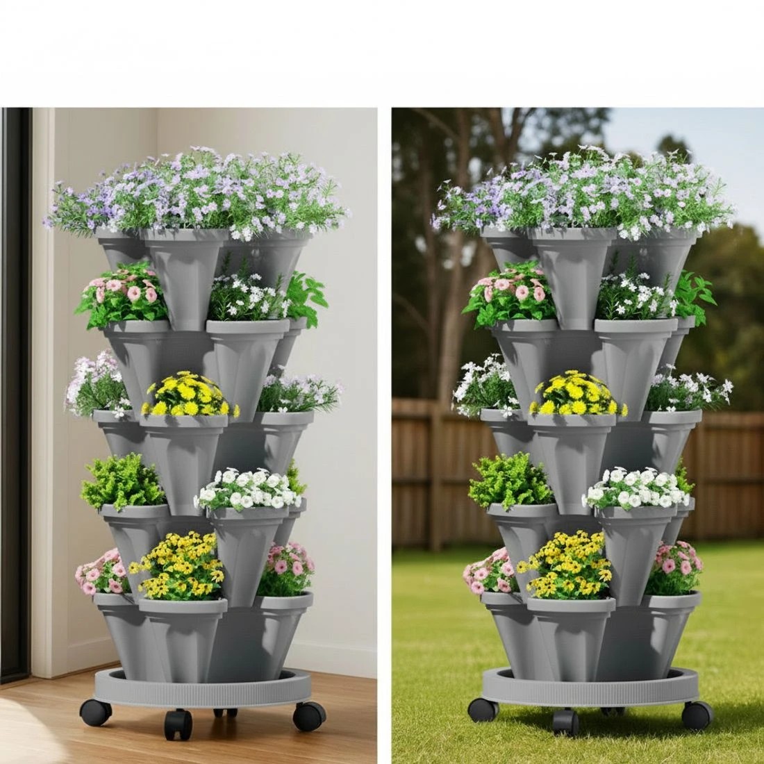 4 Green Fingers Raised Garden Bed 5 Tier Vertical Garden Strawberry Stackable Planters Herbs Petunias - Grey, 4 of 5