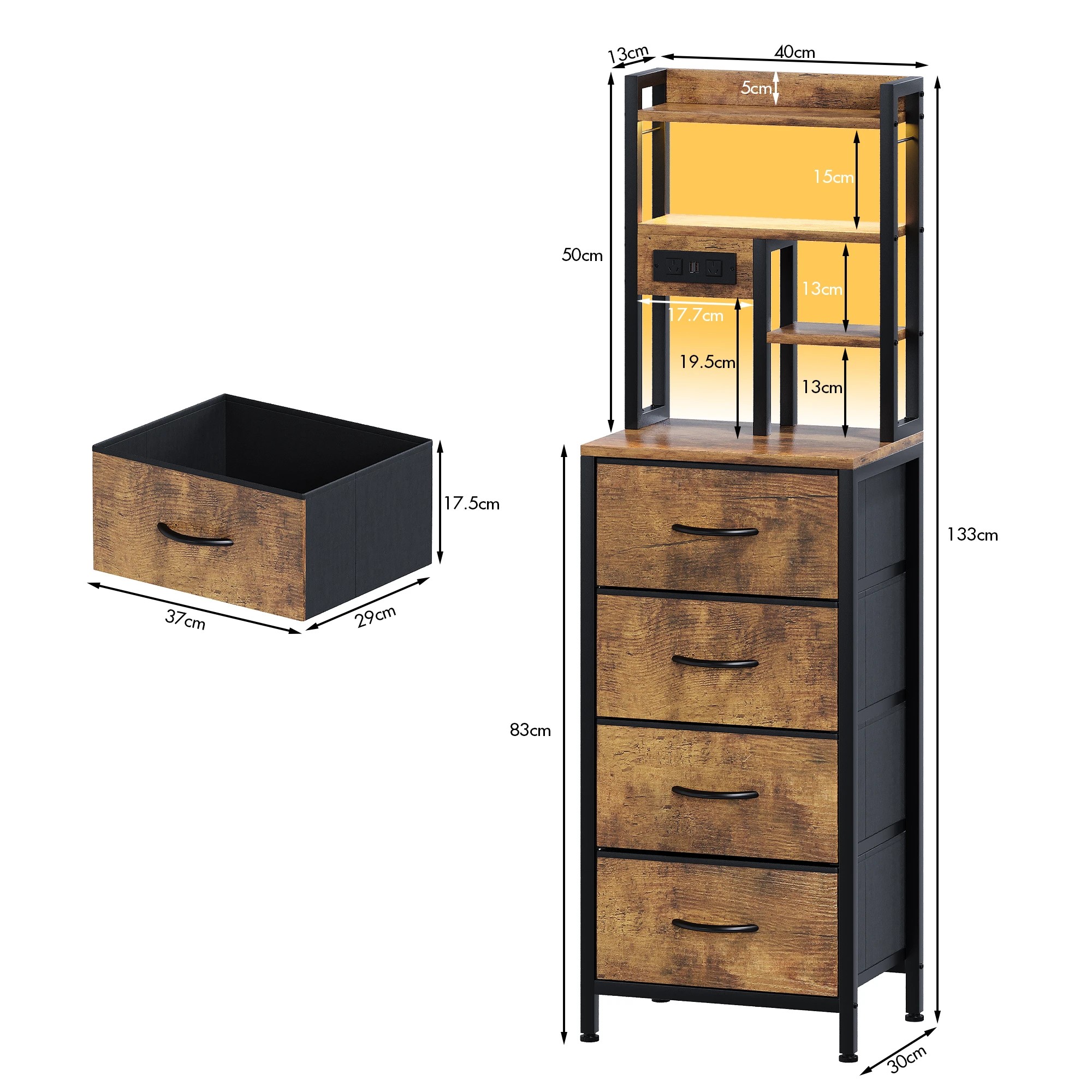 3 Advwin Set of 2 LED Tall Bedside Table with Charging Station 4 Drawers Open Shelves - Brown, 3 of 6