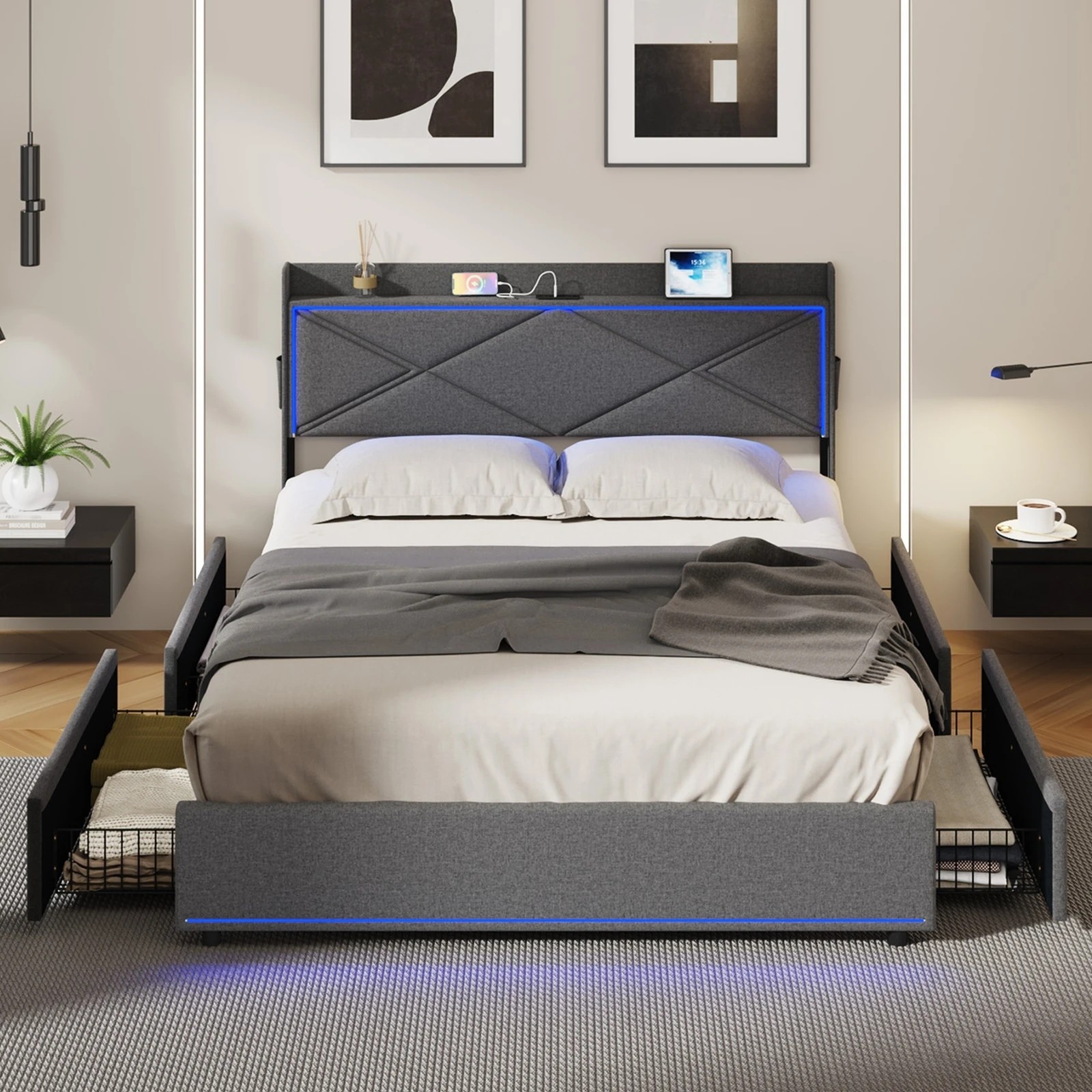 3 Oikiture Bed Frame Queen Size RGB LED Storage Headboard 4 Drawers USB Charge - Grey, 3 of 5