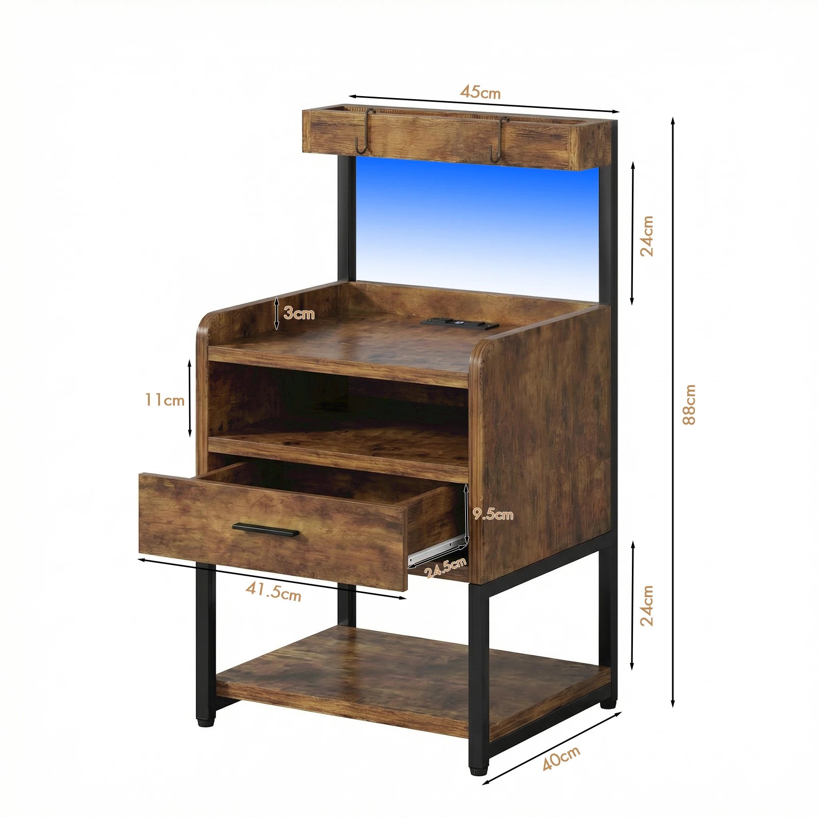 3 Advwin Bedside Table with Charging Station LED Lights Drawer and Open Storage Shelves - Brown, 3 of 10