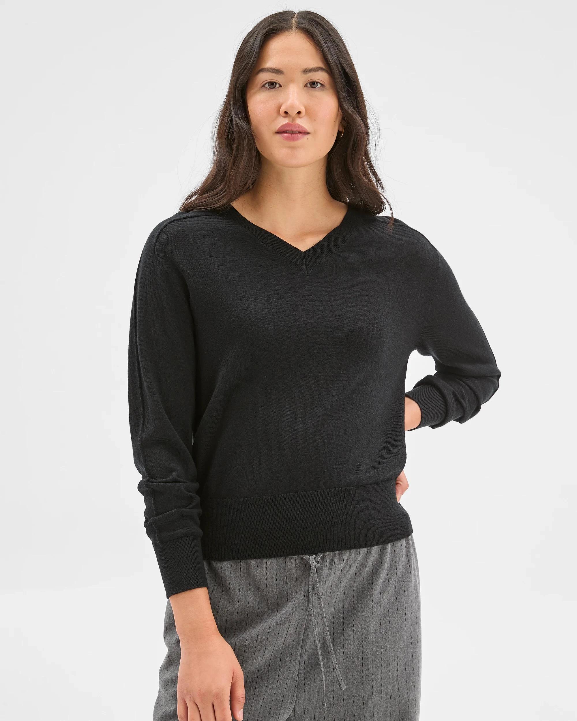 1 Preview Australian Merino Wool Long Sleeve V-Neck Knit Top BLACK, 1 of 6