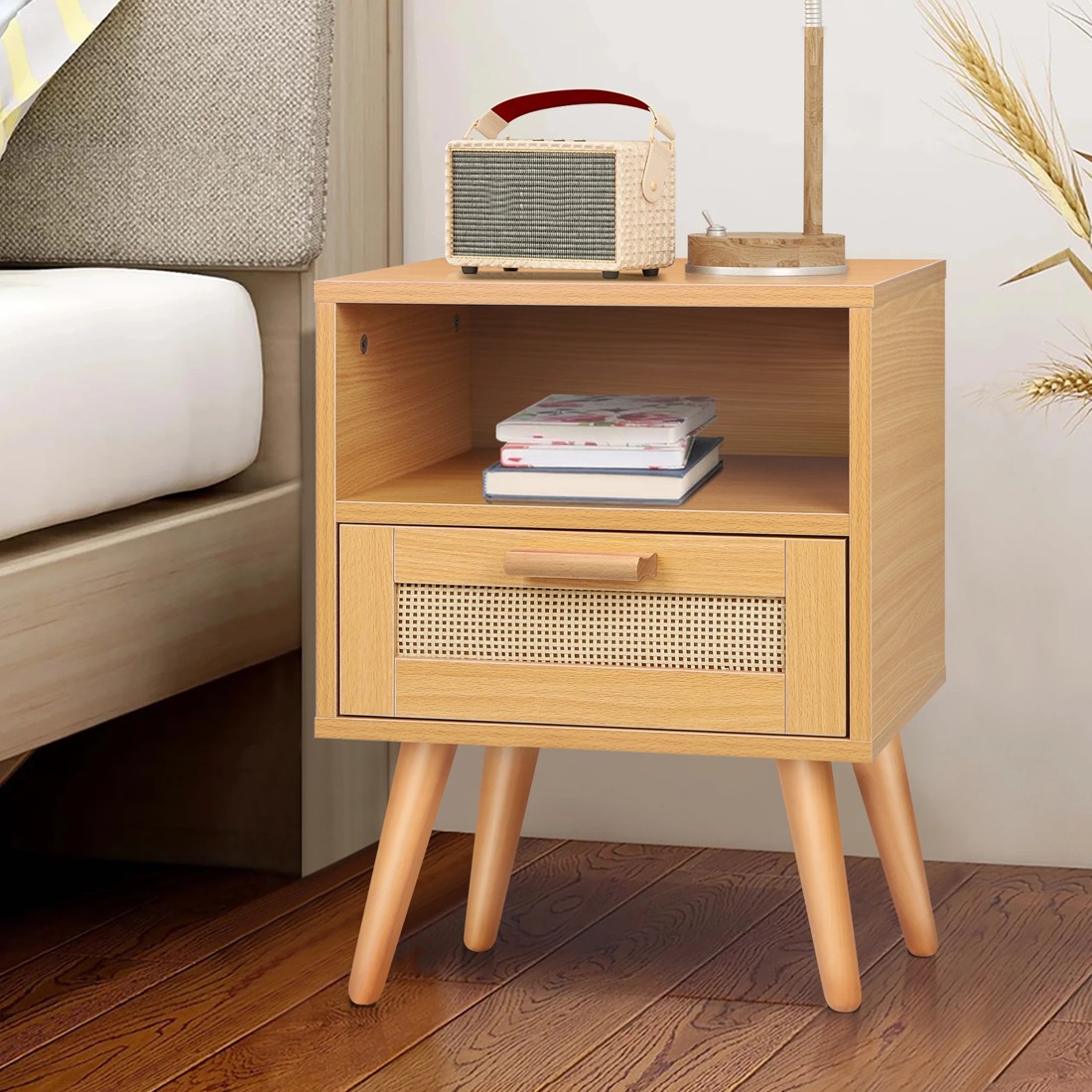 5 Alfordson Bedside Table Nightstand Side Storage Cabinet Scandinavian Rattan - Wood, 5 of 10