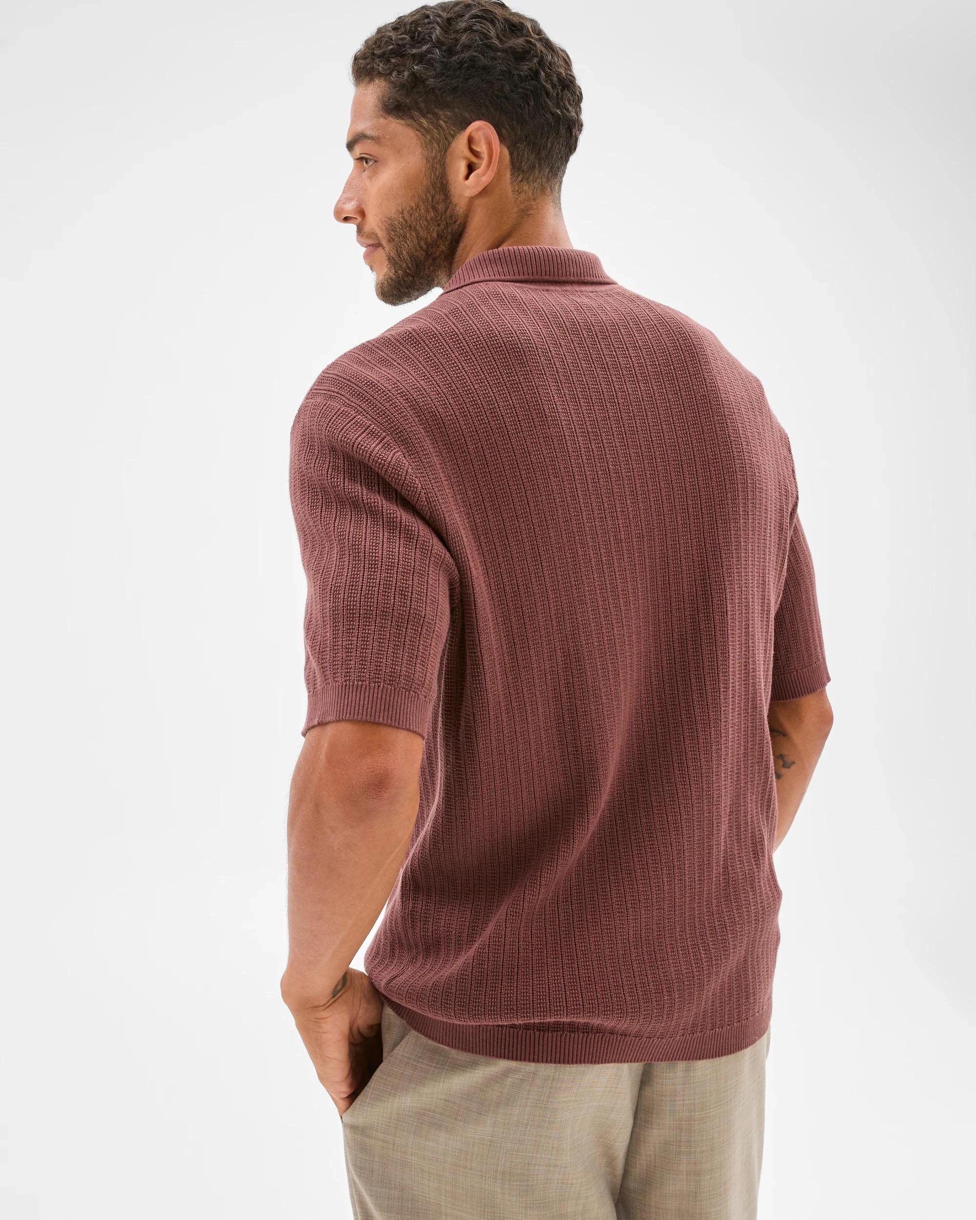 5 Australian Cotton Textured Stripe Knit Shirt - Preview BRICK, 5 of 6