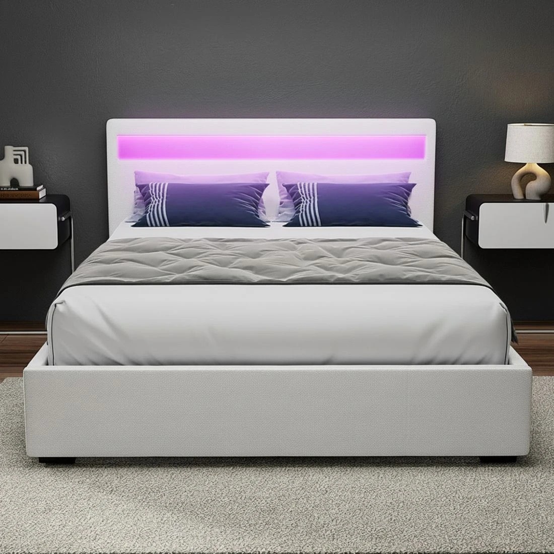 6 Artiss Bed Frame Double Size LED Gas Lift  COLE - White, 6 of 10