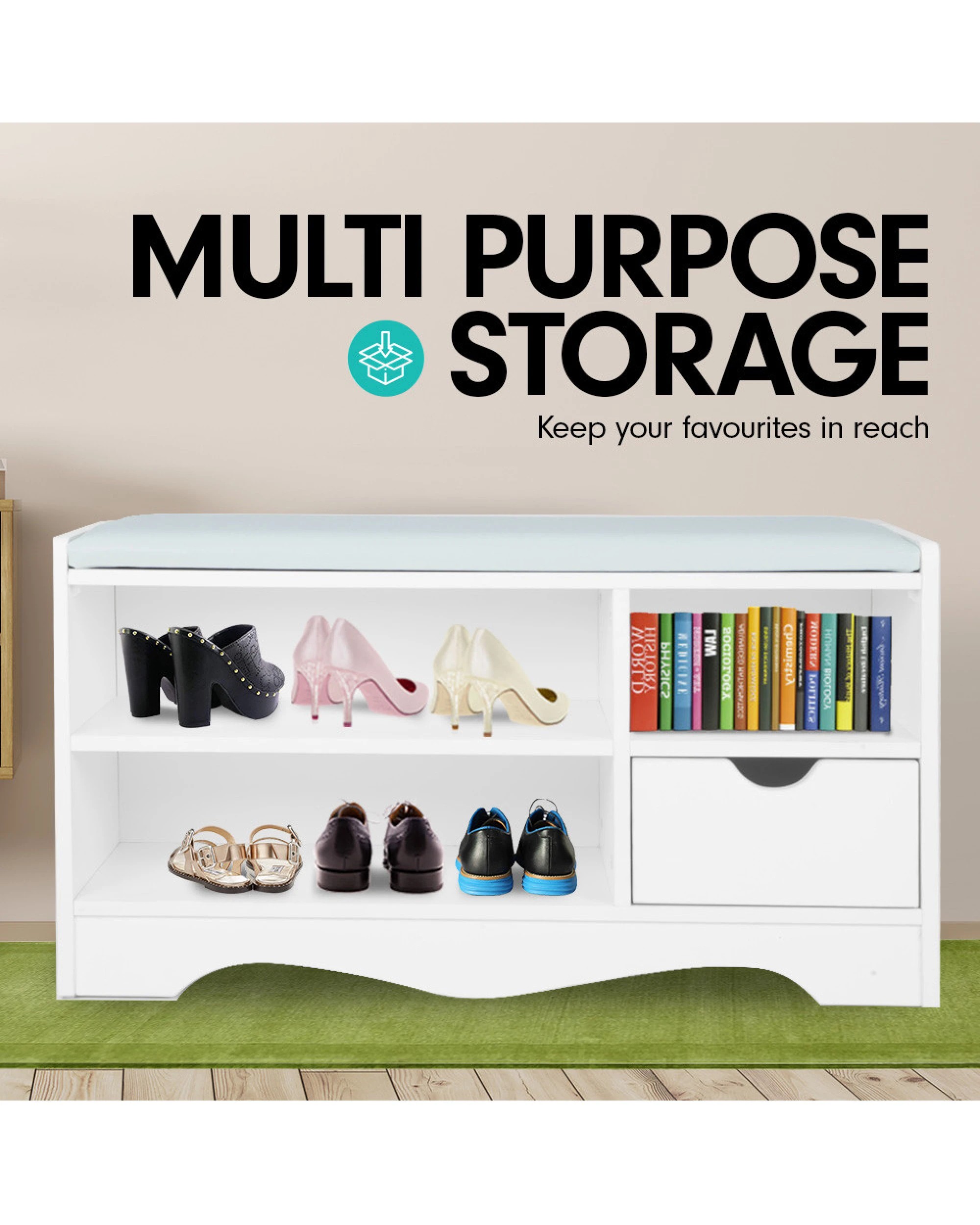 3 Shoe Rack Cabinet Organiser Grey Cushion - 80 X 30 X 45 - White, 3 of 8