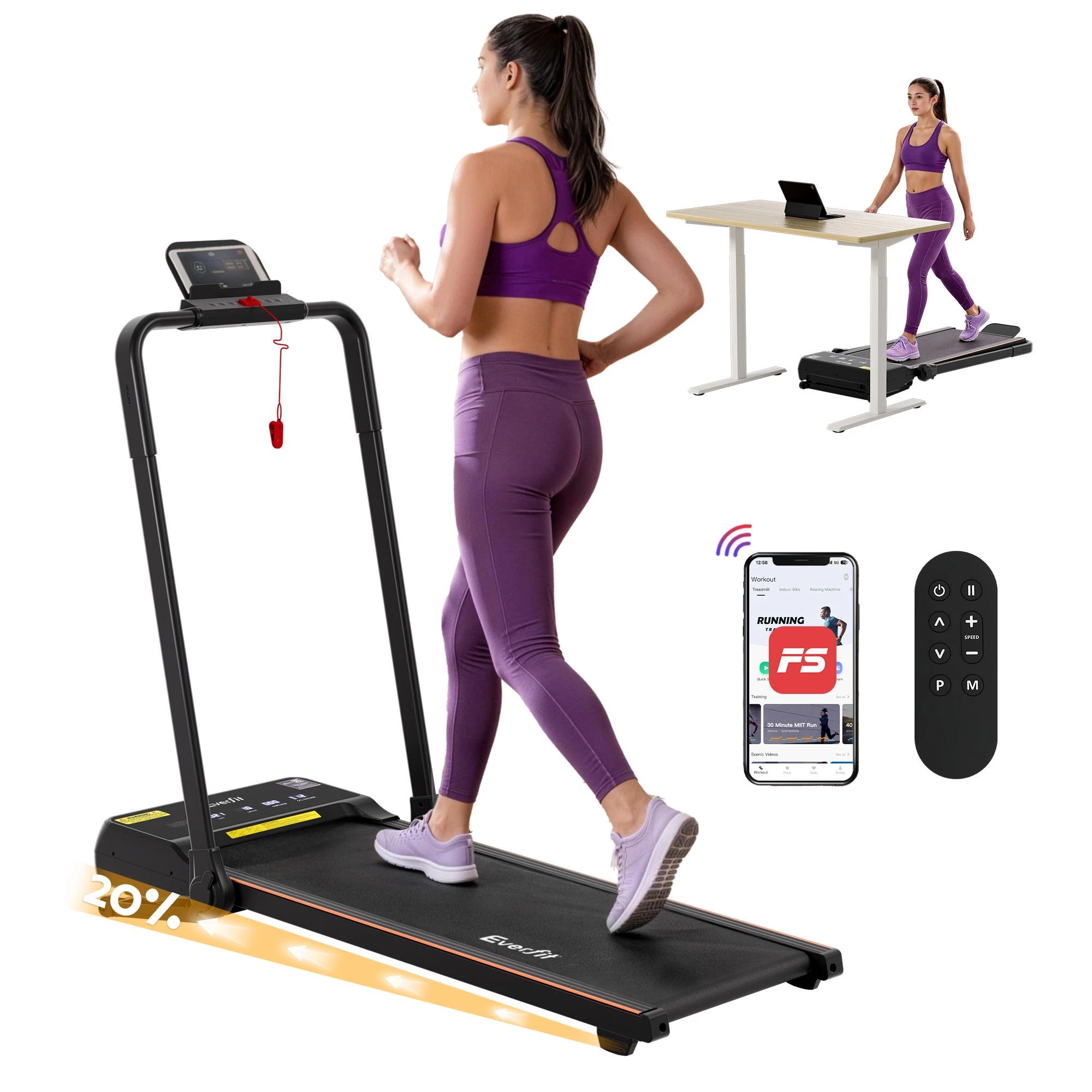 4 Everfit 3 in 1 Walking Pad Treadmill 20% Auto Incline Under Desk Foldable With 40cm Belt - Multi, 4 of 9