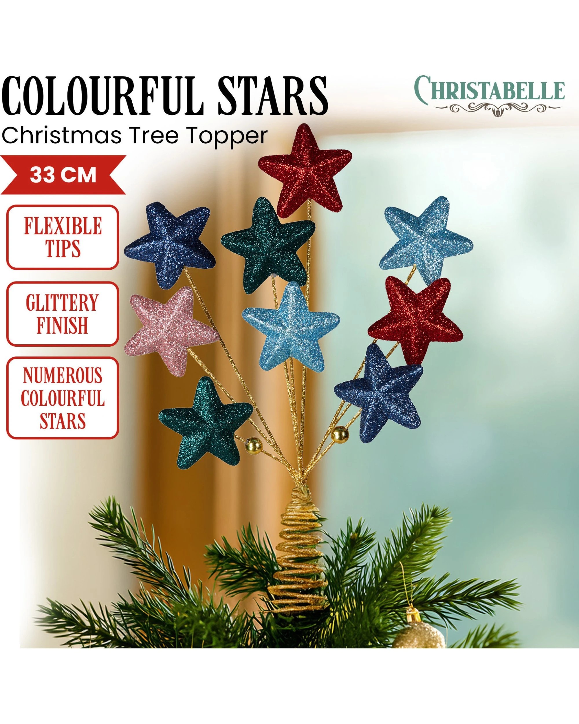3 Christabelle Colourful 9-star Christmas Tree Topper With Glitter Finish, 3 of 4