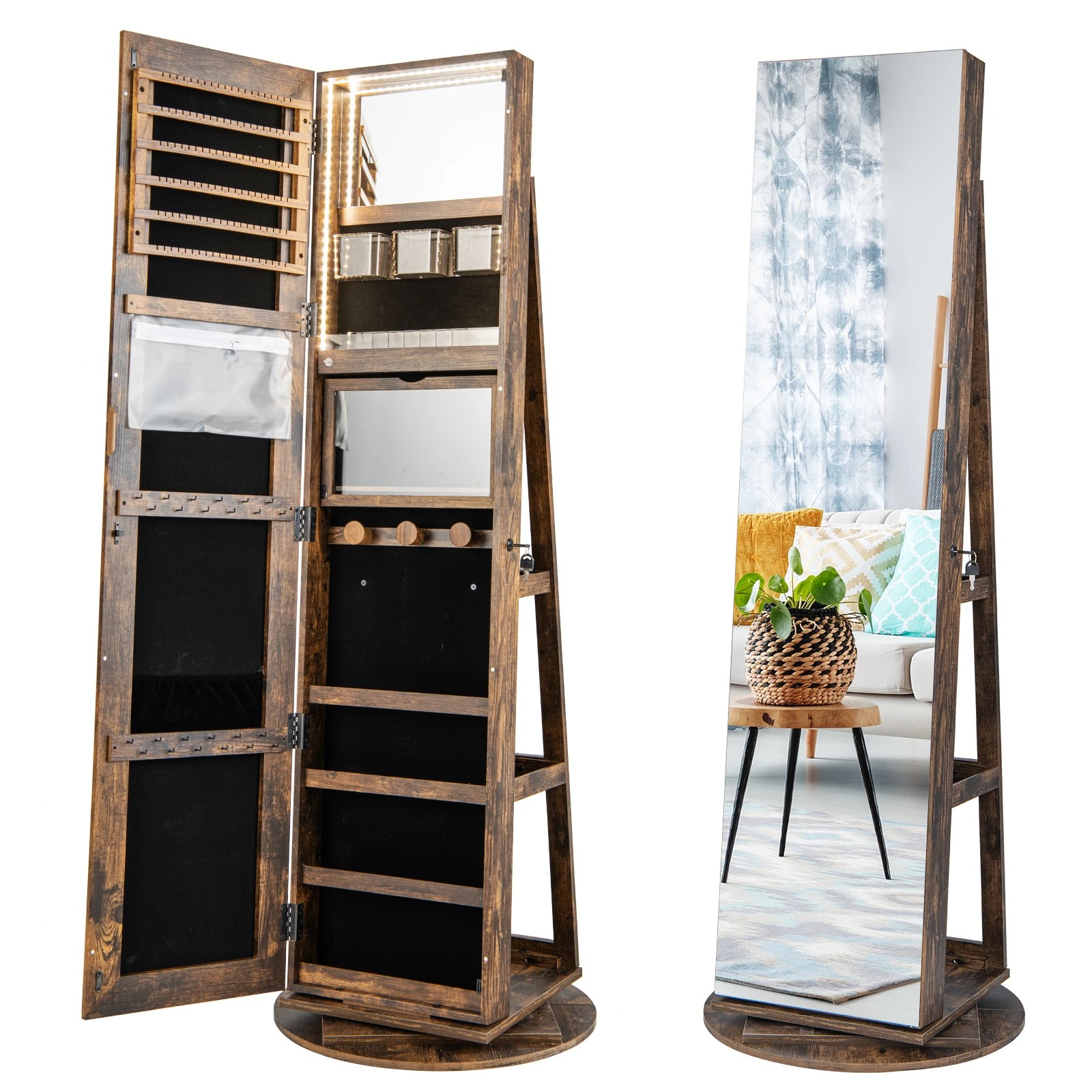 1 Costway 360° Rotating LED Jewellery Cabinet Full Length Mirror Armoire Makeup Cabinet - Brown, 1 of 4
