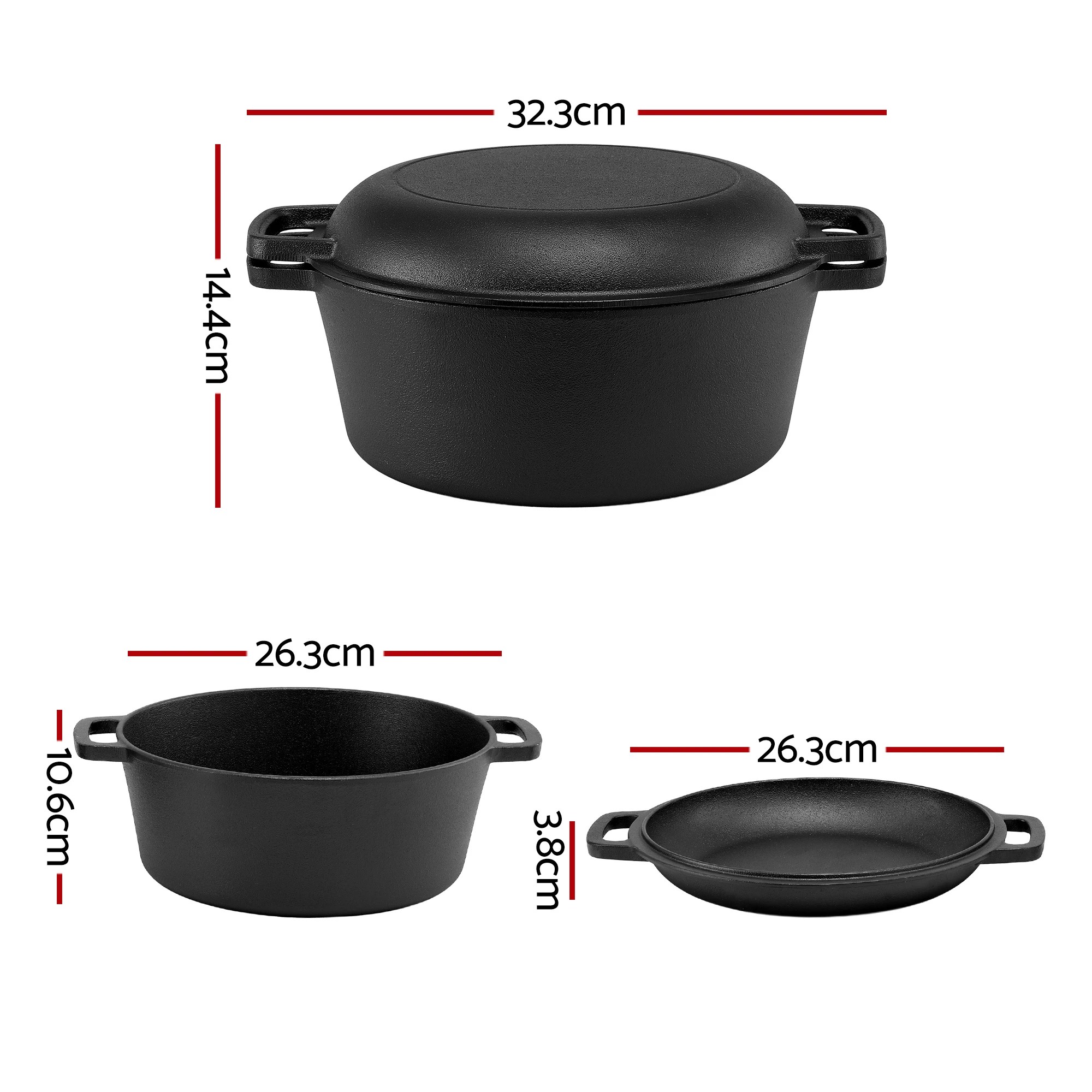 2 5-Star Chef 5L 2-In-1 Pre-Seasoned Cast Iron Dutch Oven Pot with Lid and Dual Handles - Black, 2 of 9