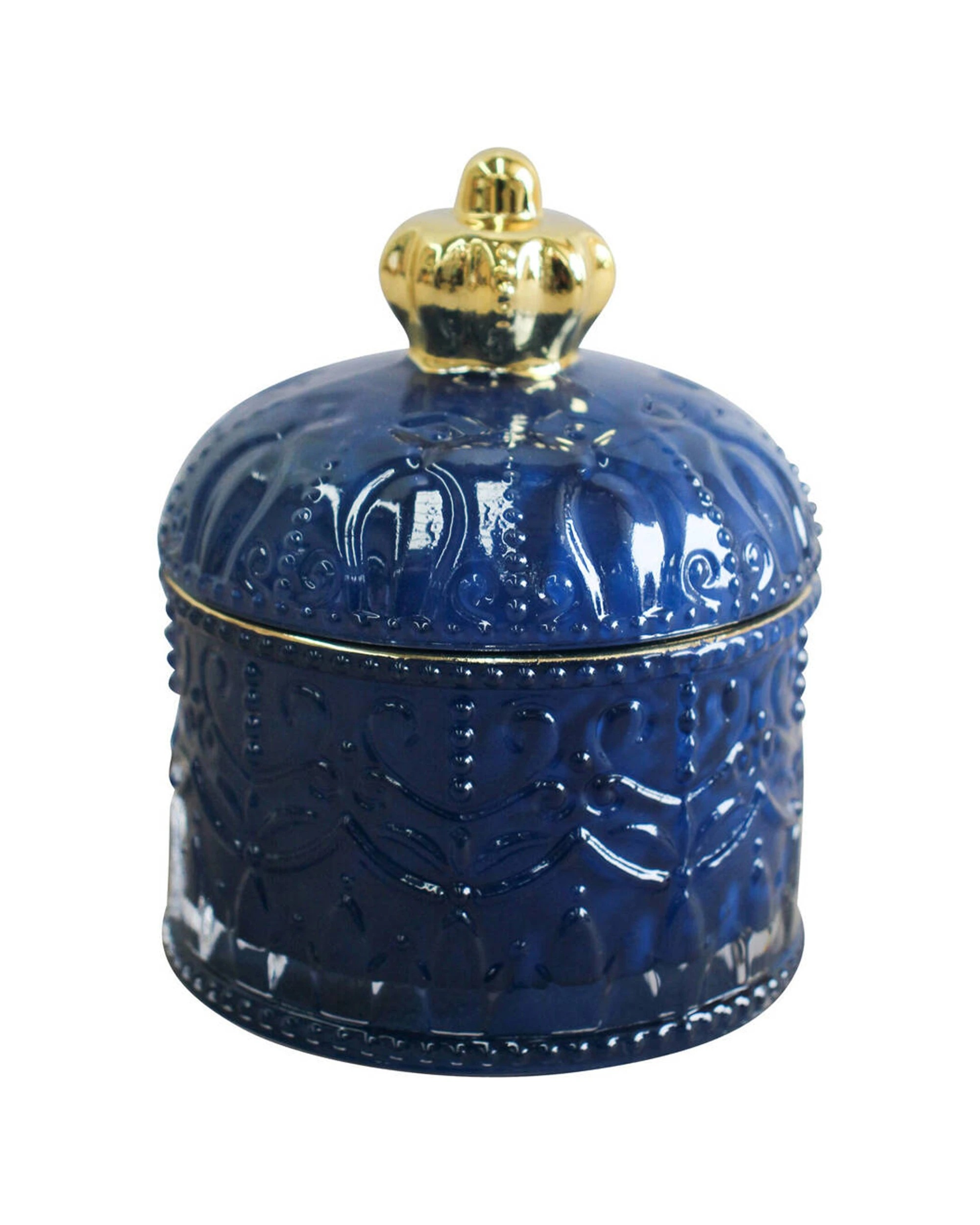 1 LVD Glass Crown Trinket Box Storage Decor Round 11cm Indigo - Blue, 1 of 2