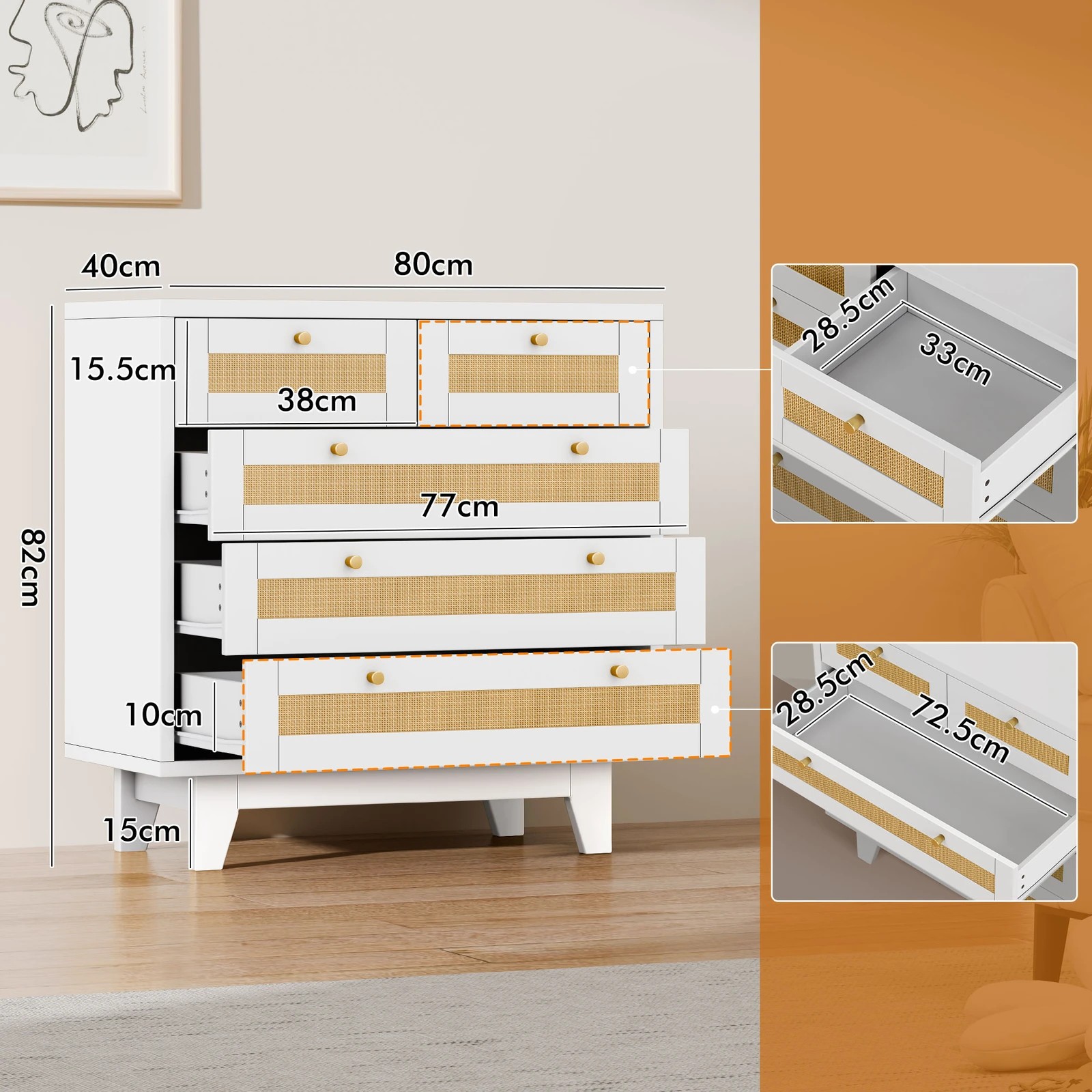 4 Alfordson 5 Chest of Drawers Rattan Storage Cabinet Dresser Tallboy - White, 4 of 10